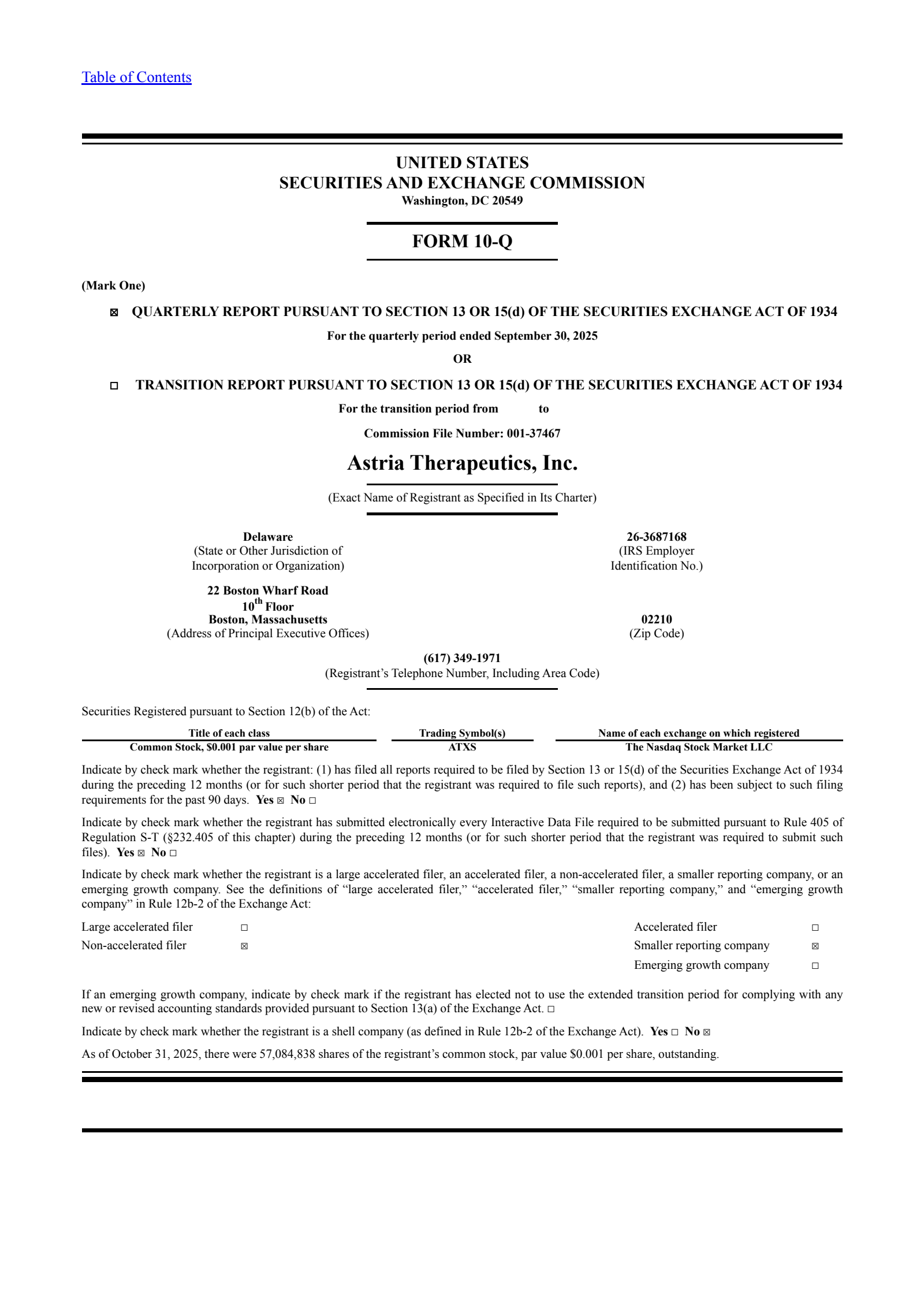 Astria Therapeutics' Q3 2025 Quarterly Report