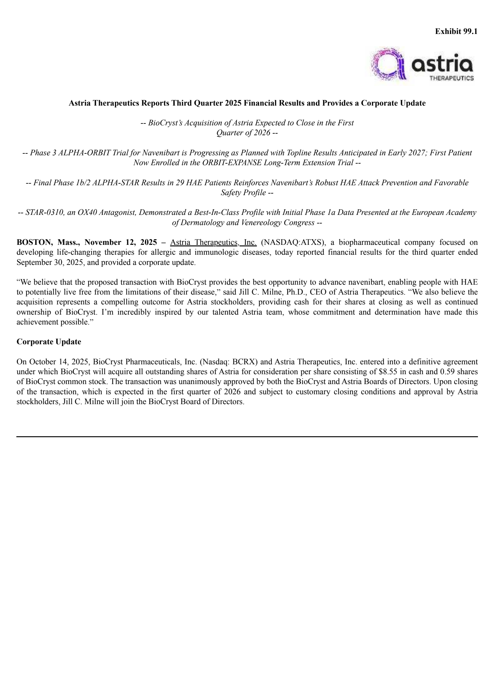 Astria Therapeutics' Q3 2025 Earnings Release