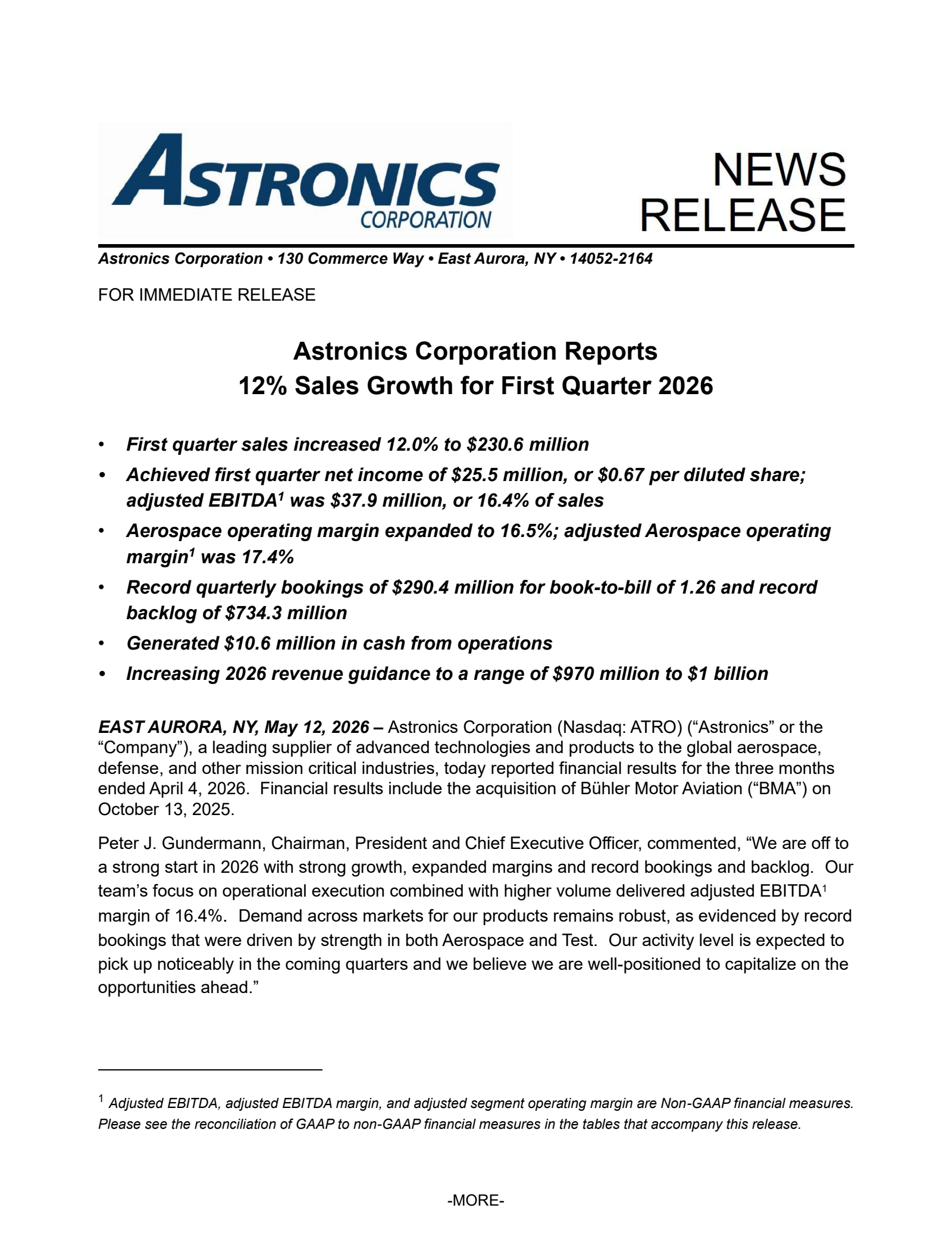 Astronics' Q1 2026 Press Release