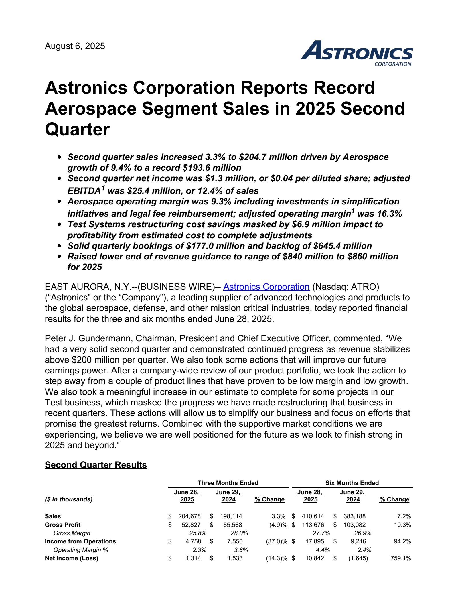 Astronics' Q2 2025 Press Release