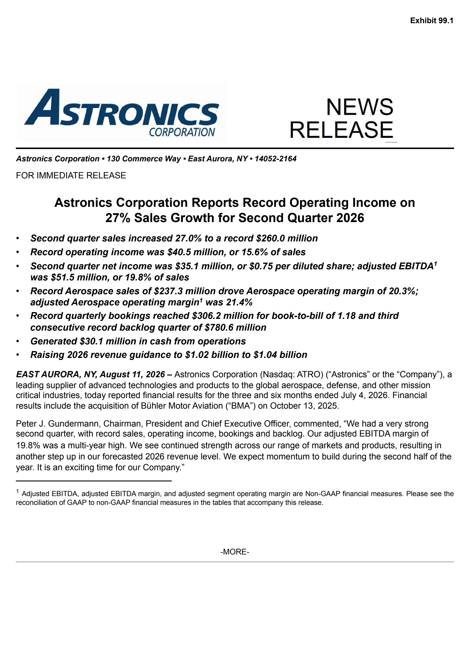 Astronics' Q2 2026 Press Release
