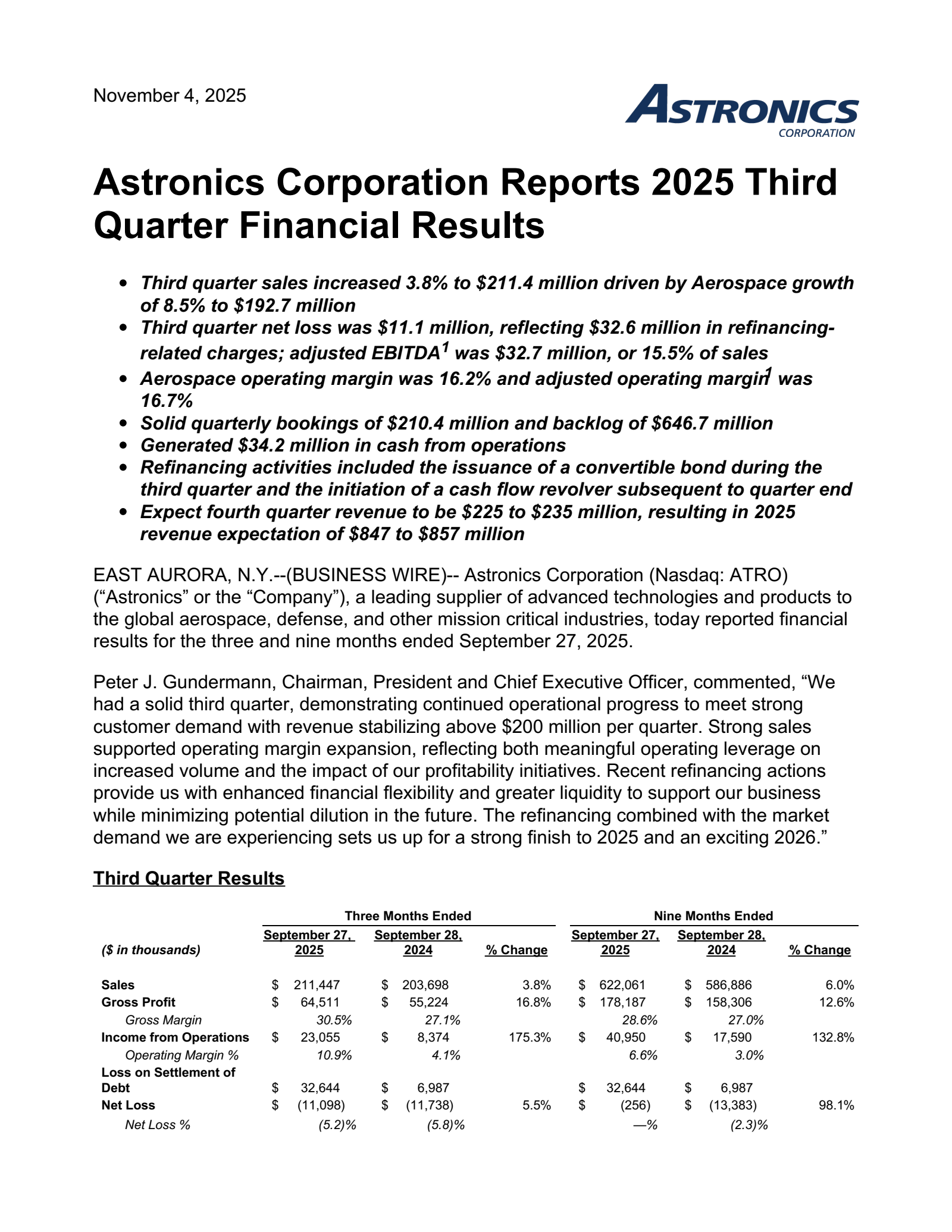 Astronics' Q3 2025 Earnings Release