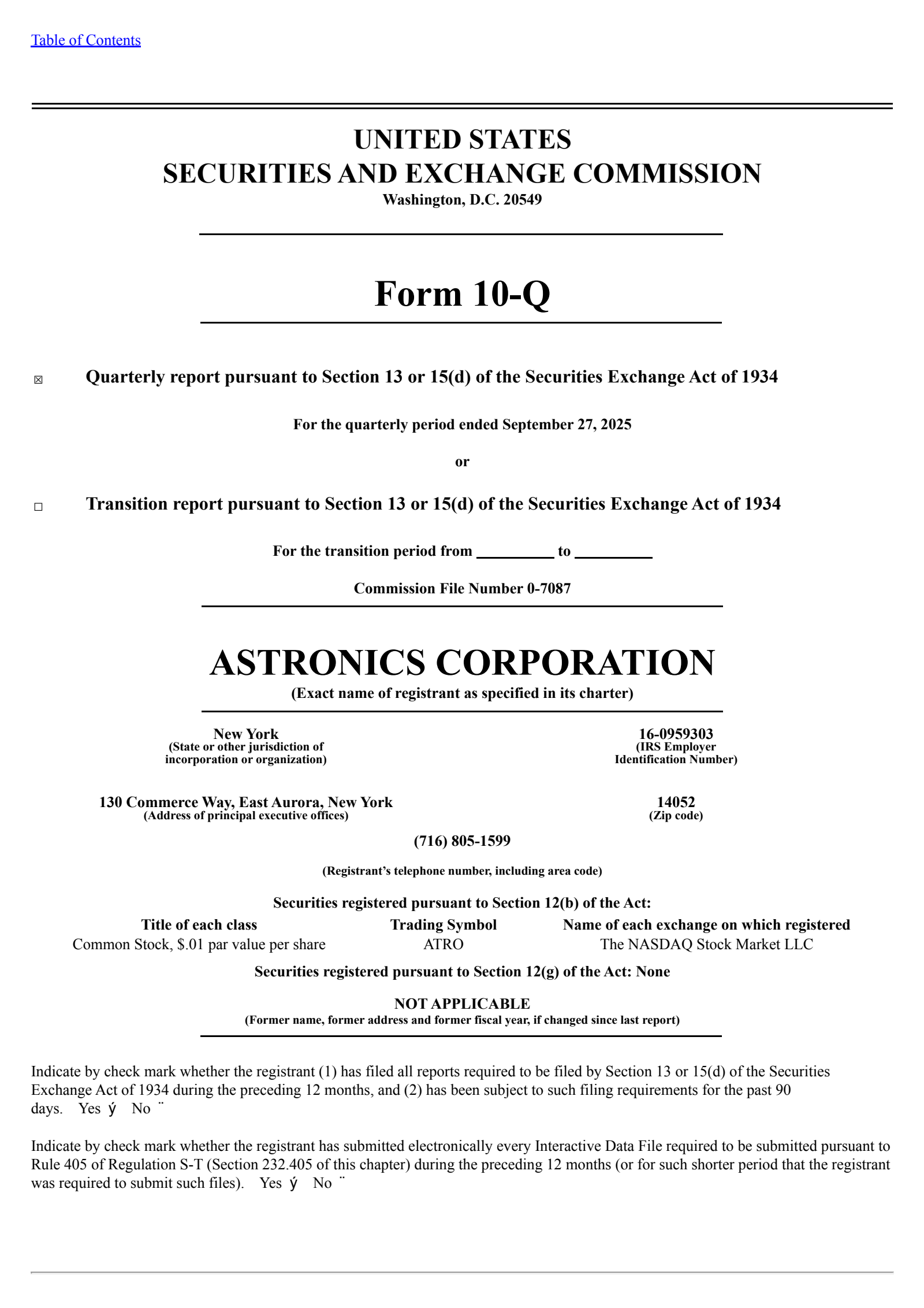 Astronics' Q3 2025 Quarterly Report