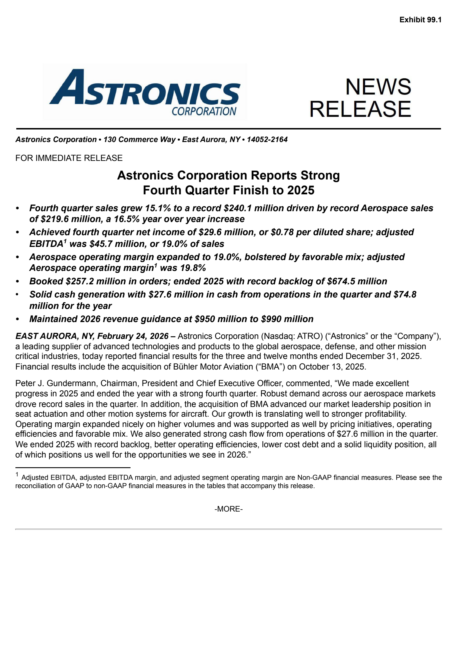 Astronics' Q4 2025 Press Release