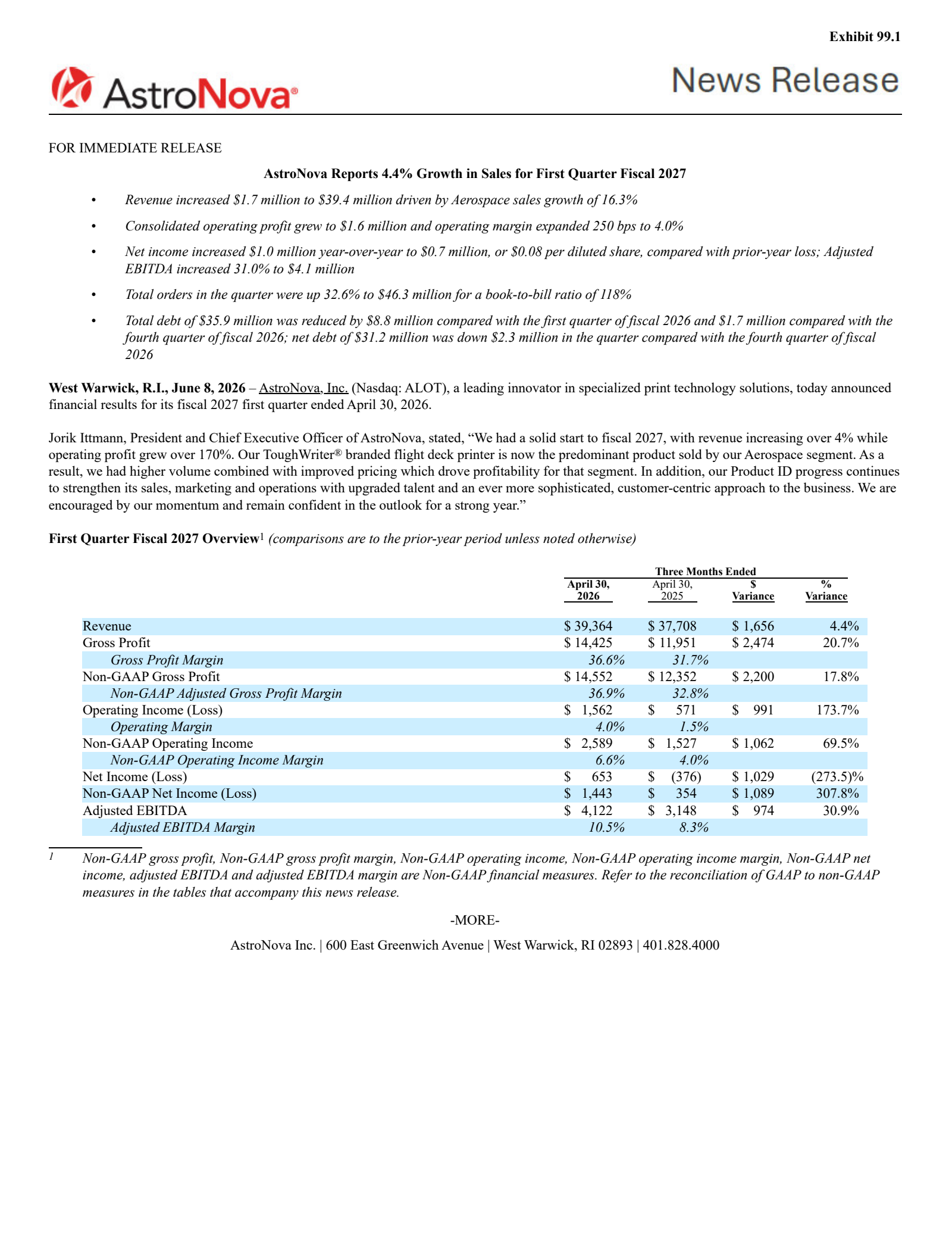 AstroNova's Q1 2027 Press Release
