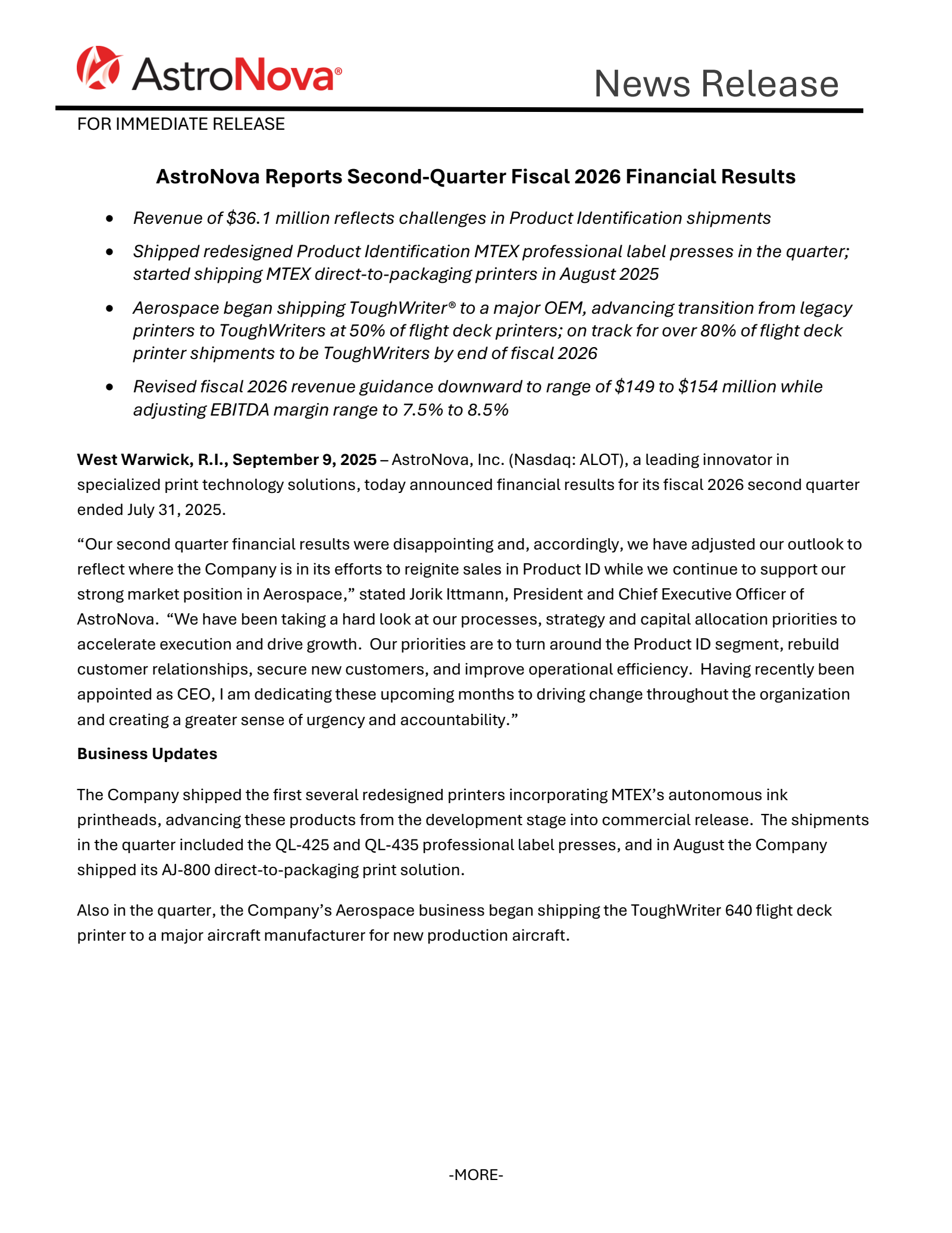 AstroNova's Q2 2026 Press Release