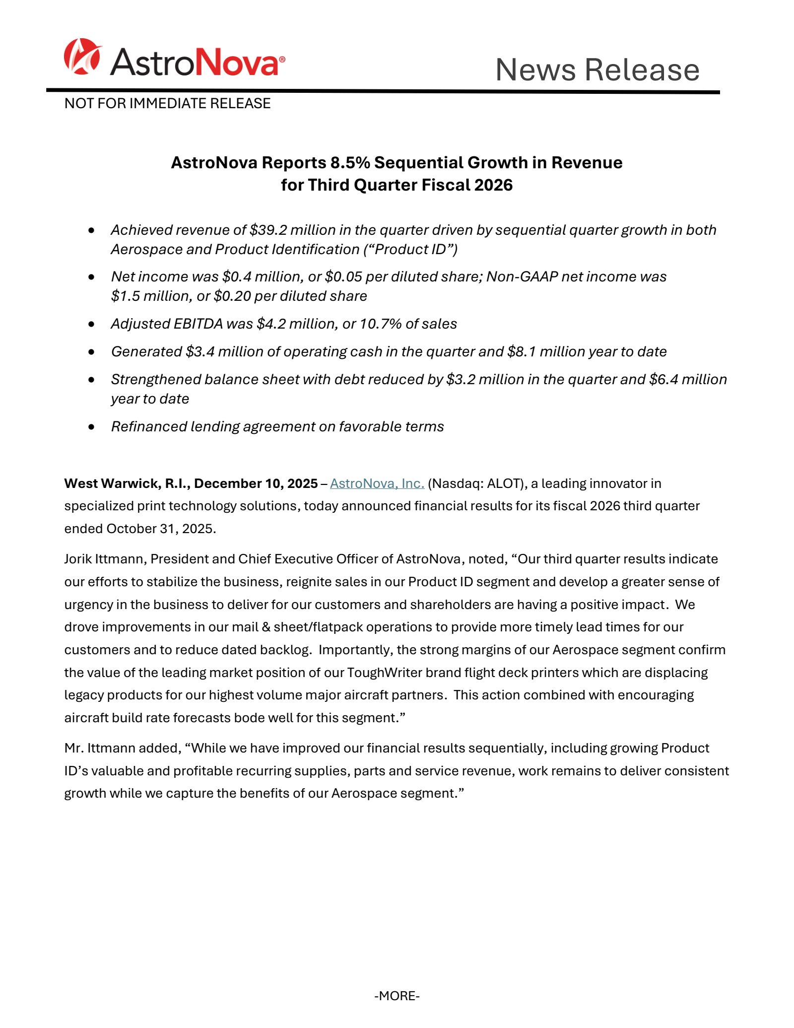 AstroNova's Q3 2026 Earnings Release