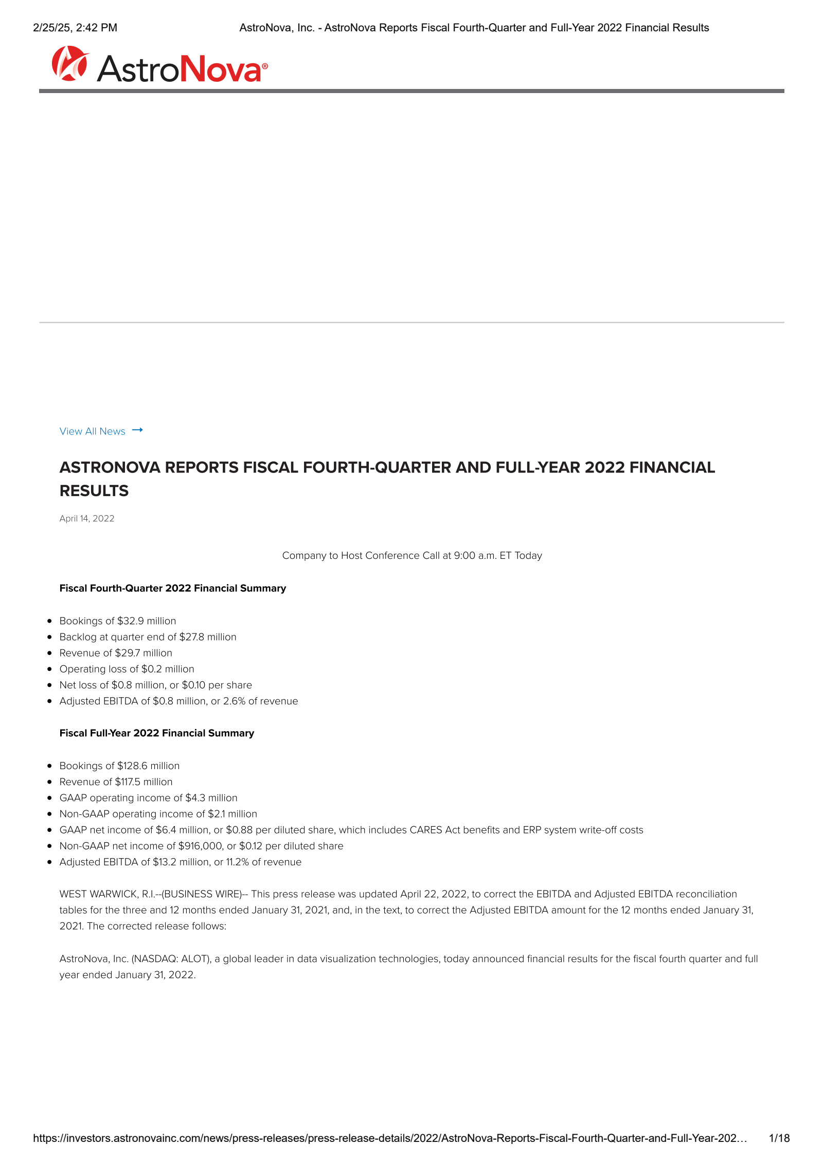 AstroNova's Q4 2022 Press Release