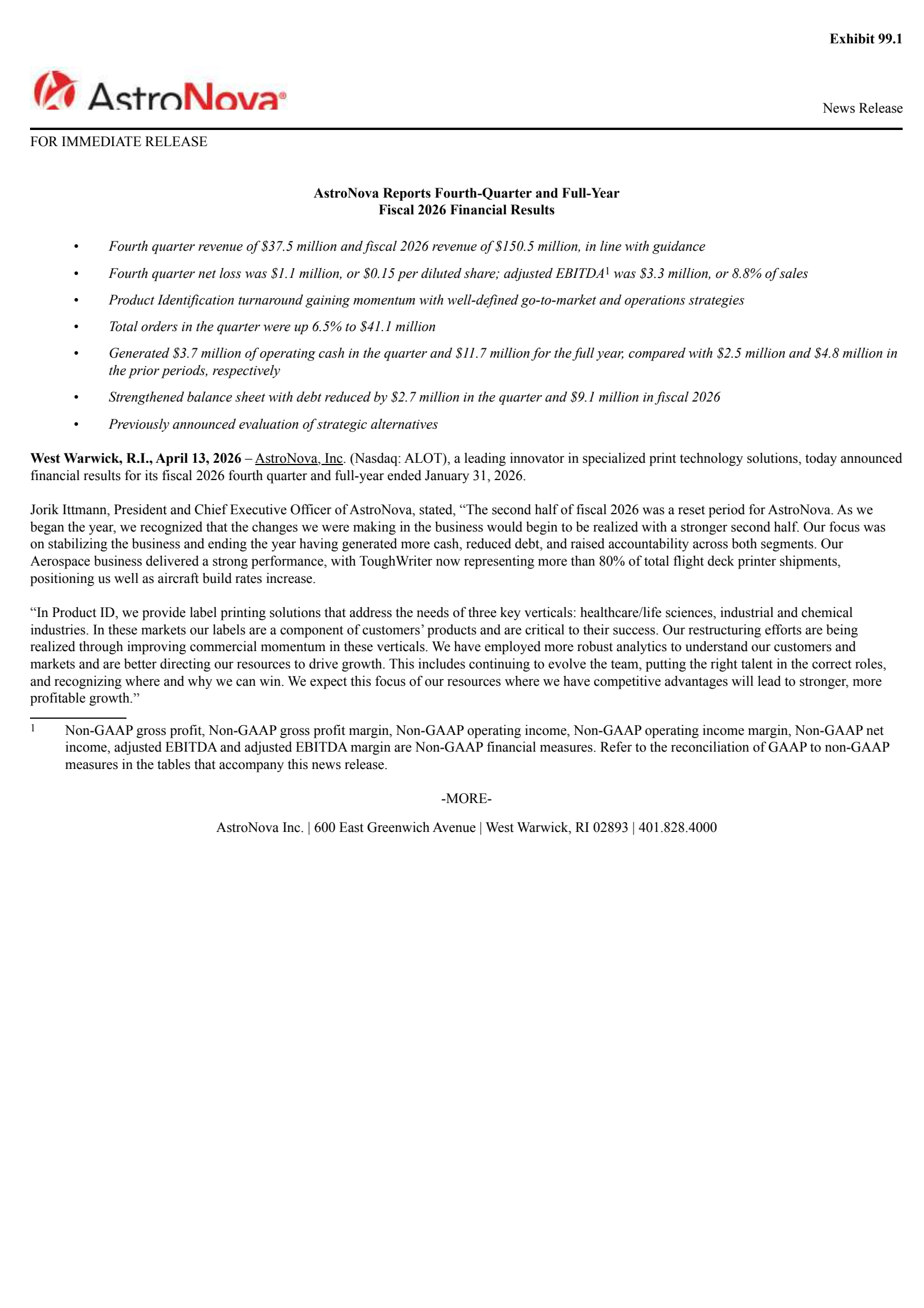 AstroNova's Q4 2026 Press Release