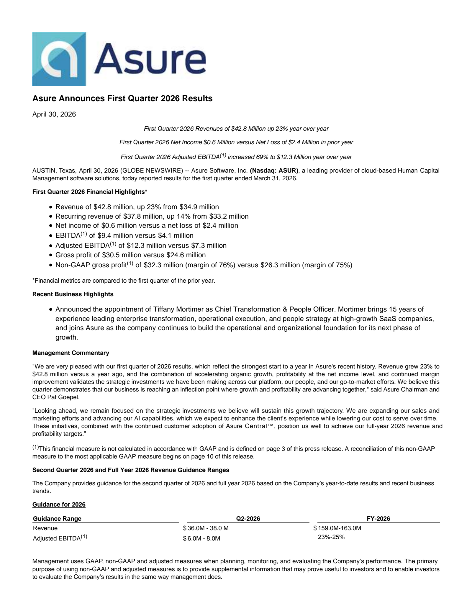 Asure Software's Q1 2026 Press Release