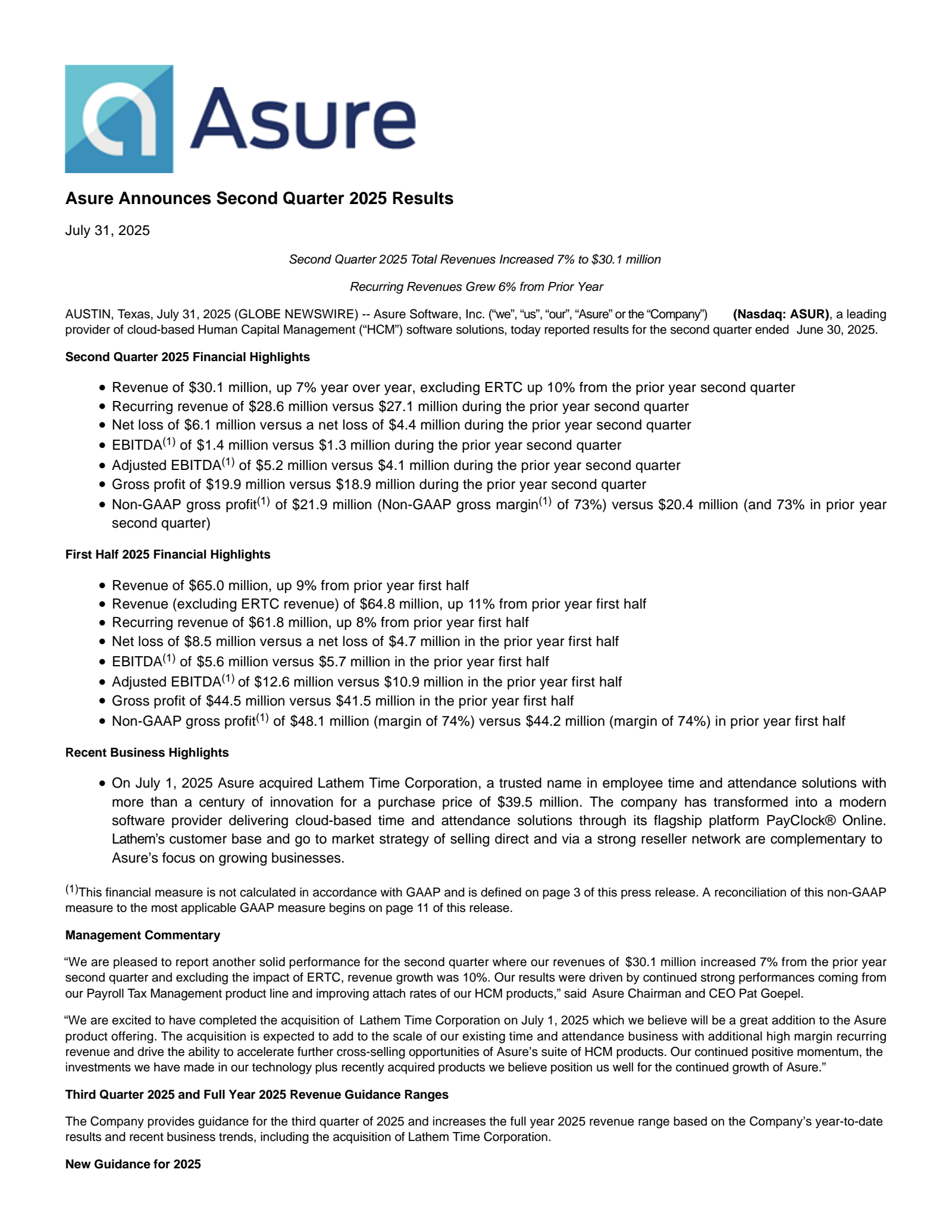 Asure Software's Q2 2025 Press Release
