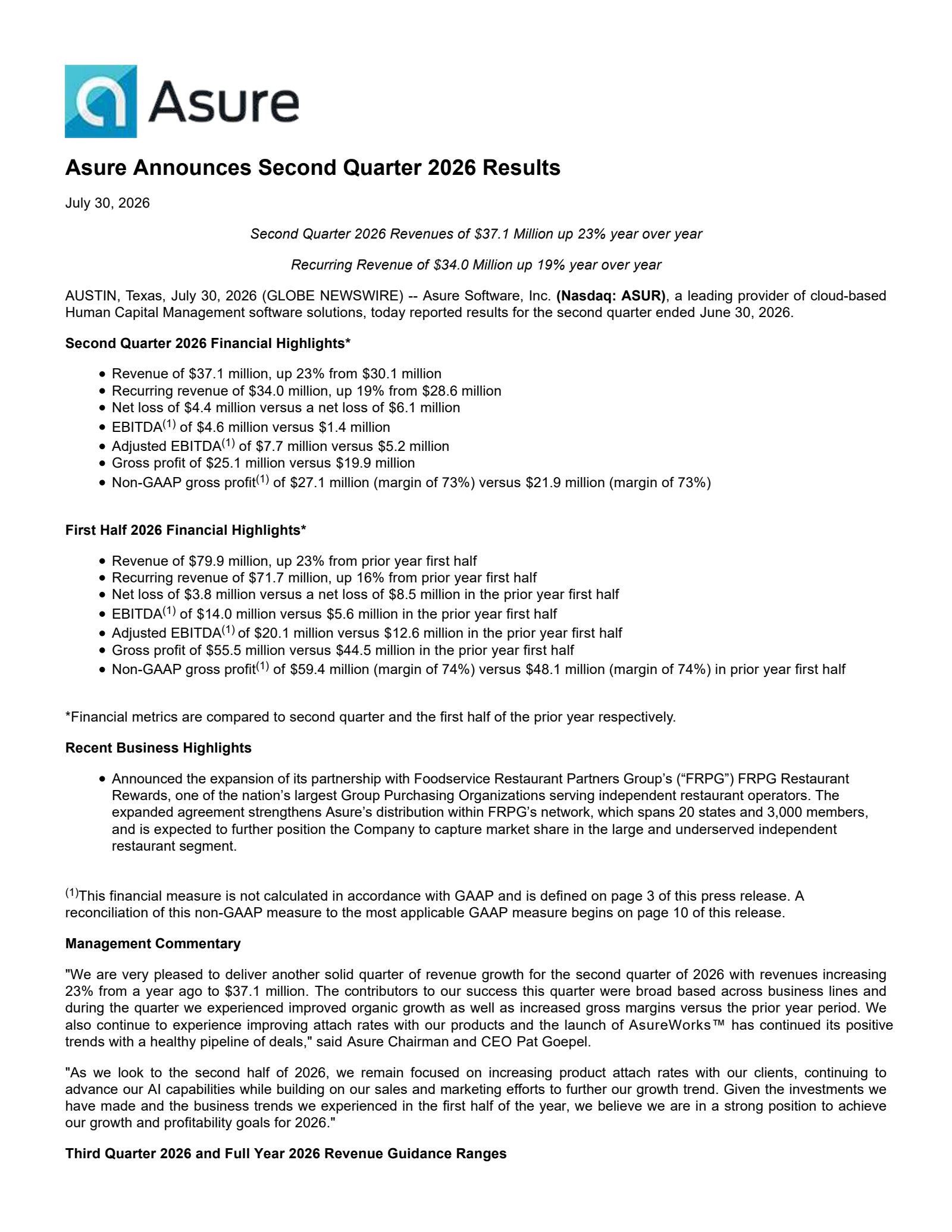 Asure Software's Q2 2026 Press Release