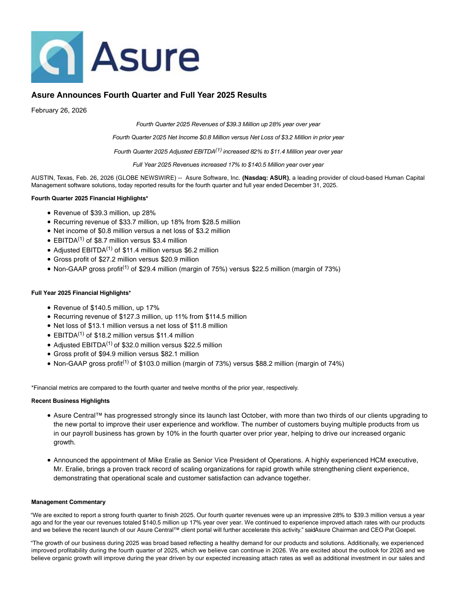 Asure Software's Q4 2025 Press Release
