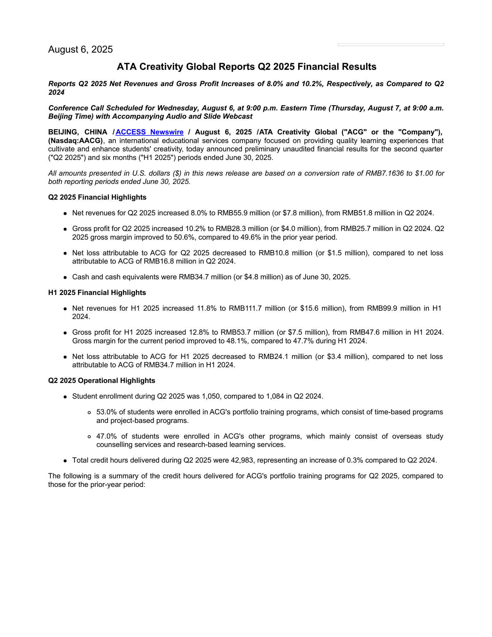 ATA's Q2 2025 Press Release