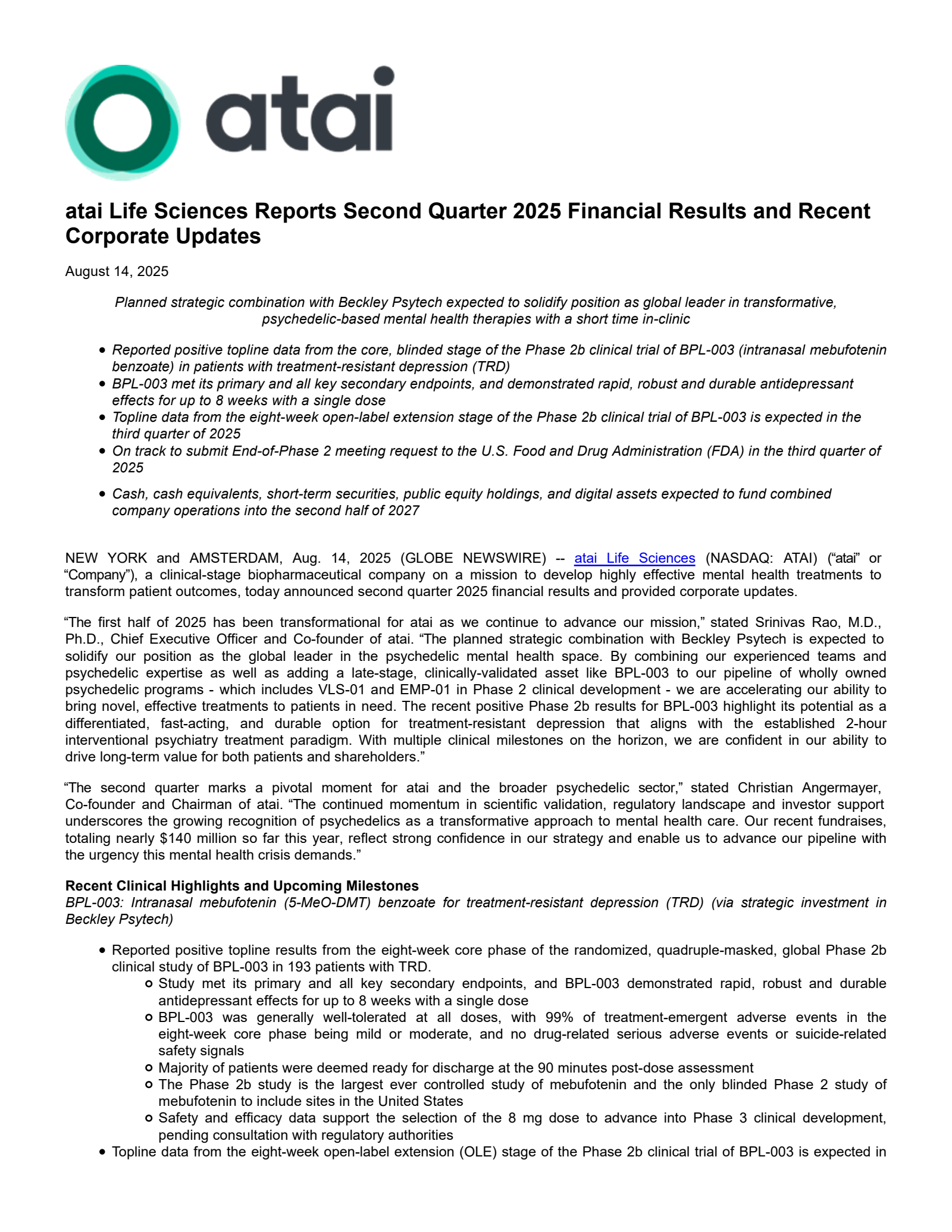 atai Life Sciences' Q2 2025 Press Release