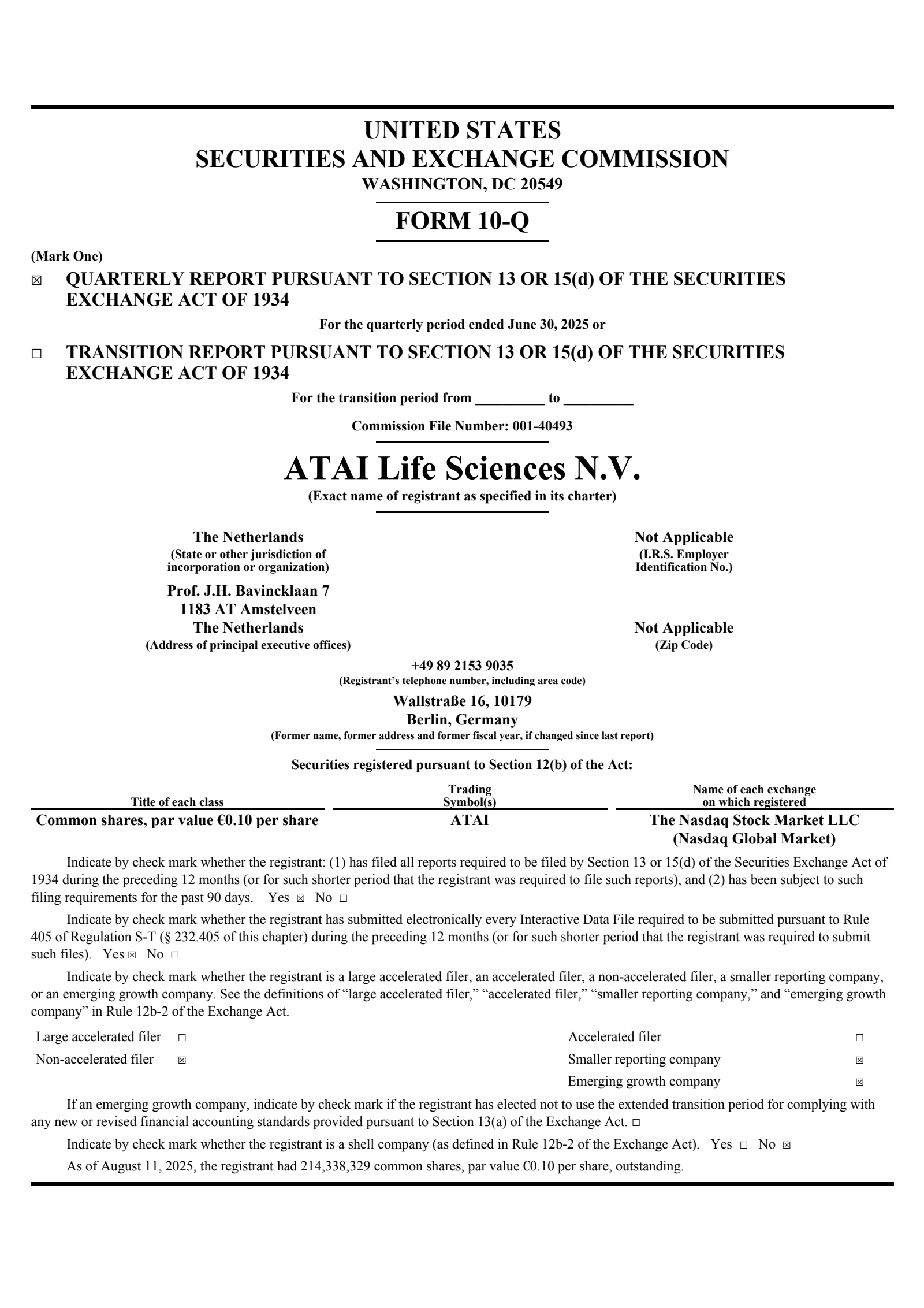 atai Life Sciences' Q2 2025 Quarterly report