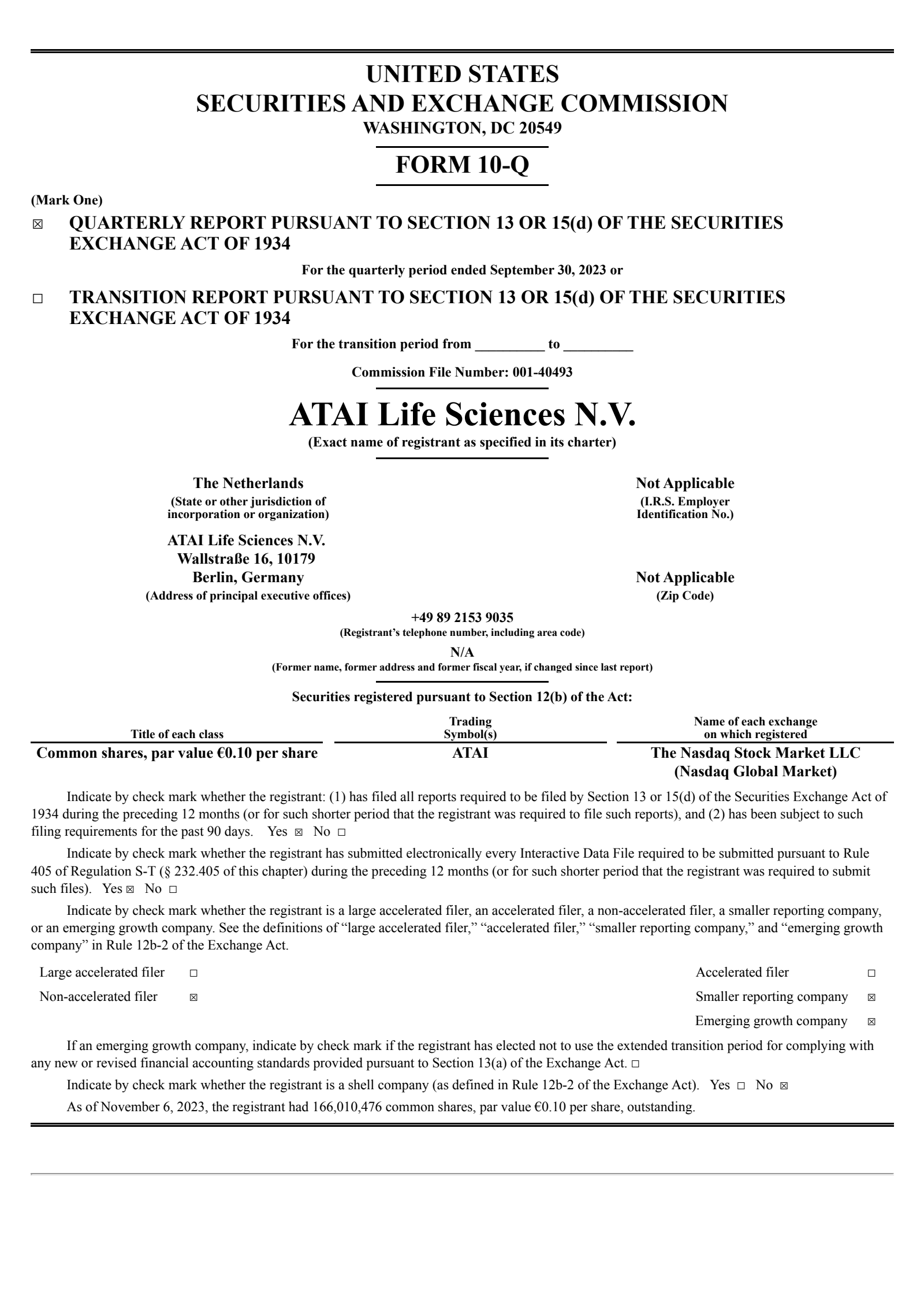 Atai Life Sciences' Q3 2023 Quarterly report