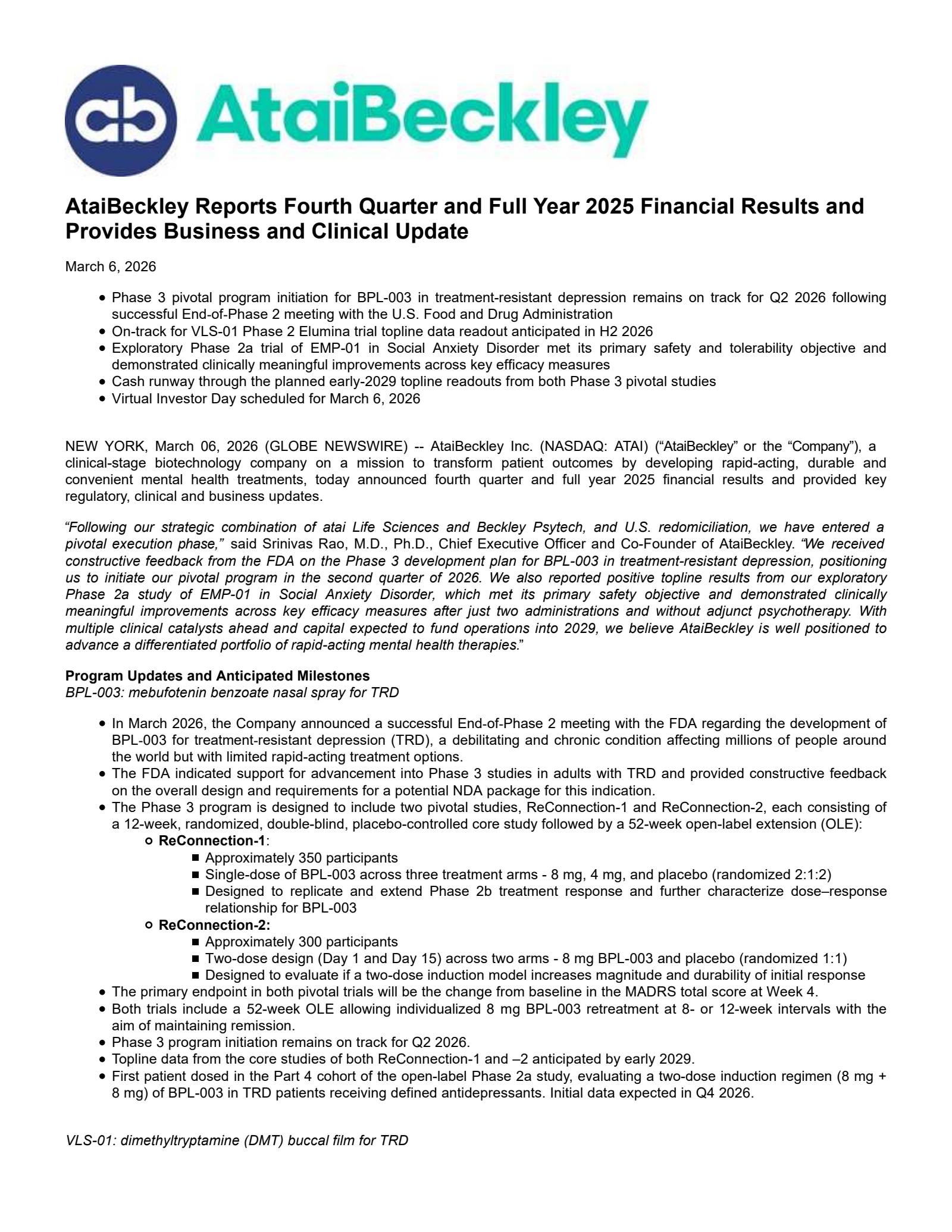 Atai Beckley's Q4 2025 Press Release