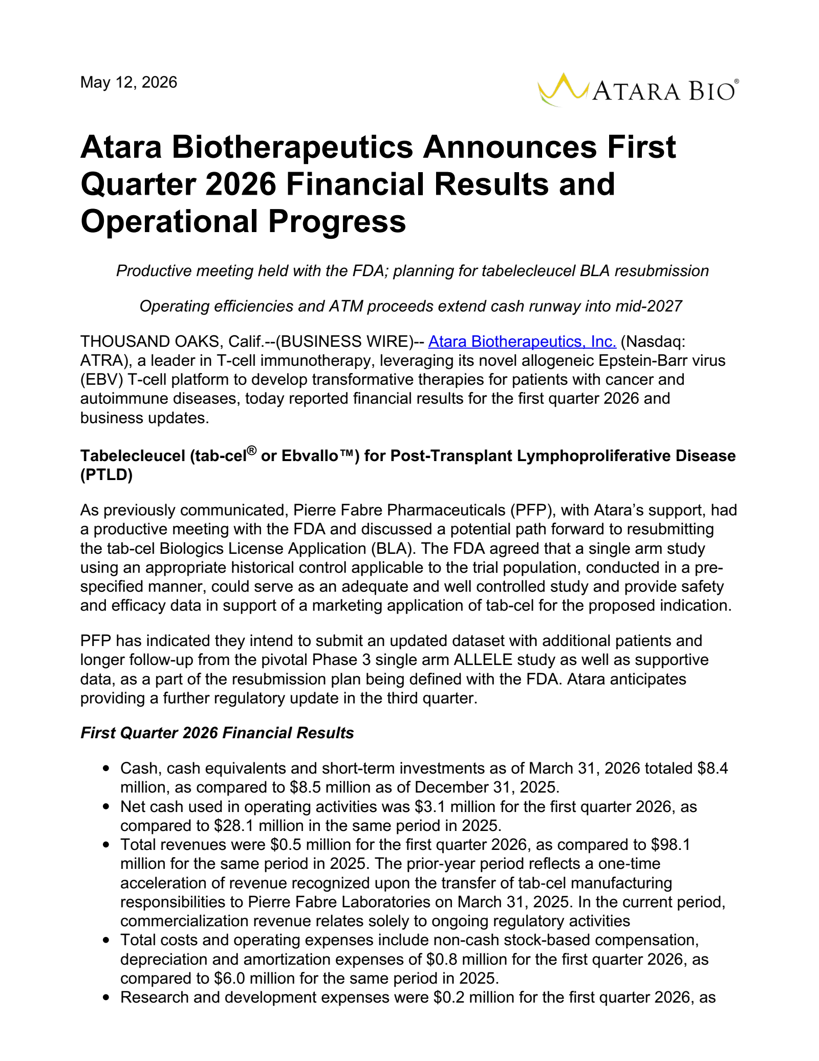 Atara Biotherapeutics' Q1 2026 Press Release