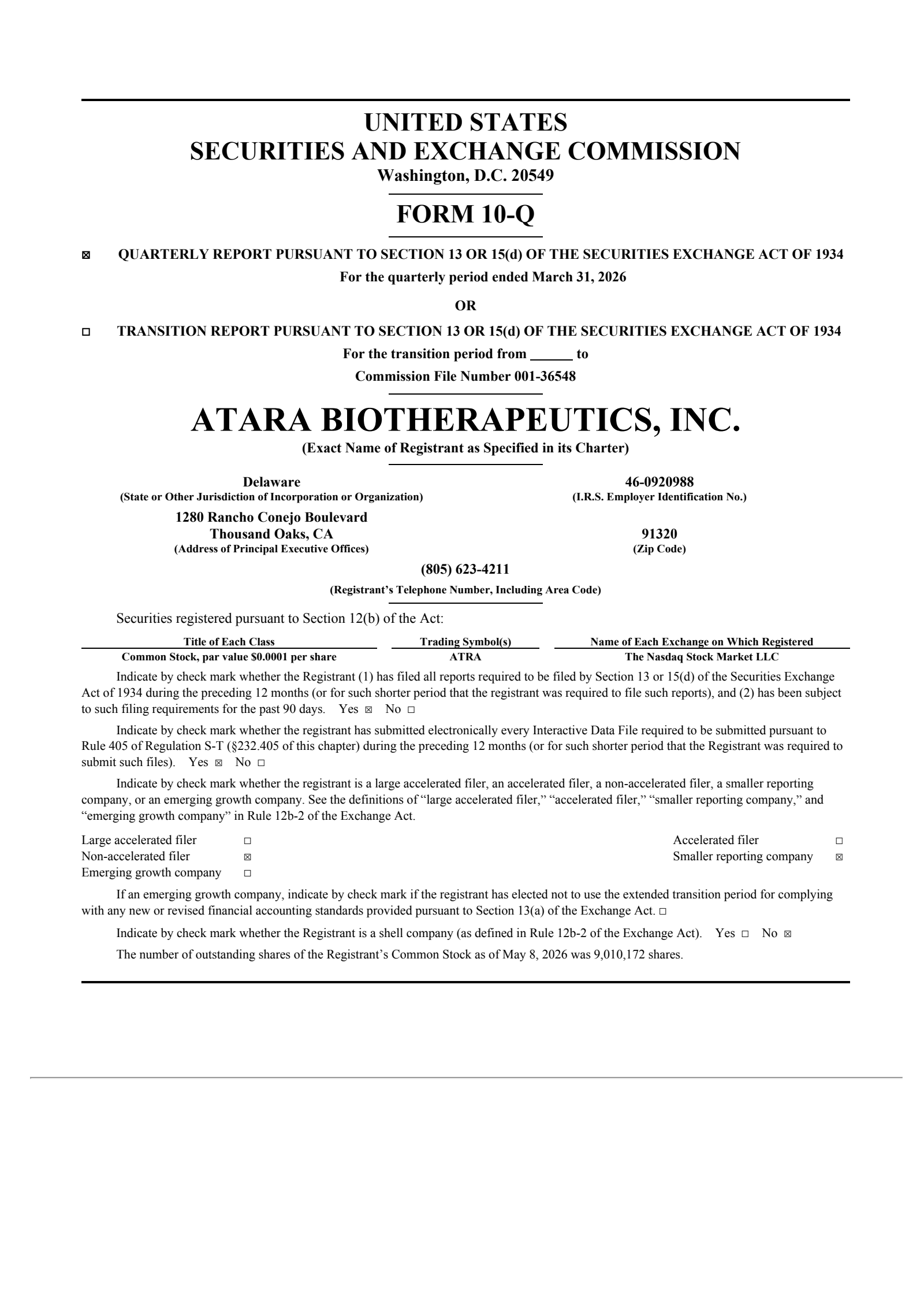 Atara Biotherapeutics' Q1 2026 Quarterly report