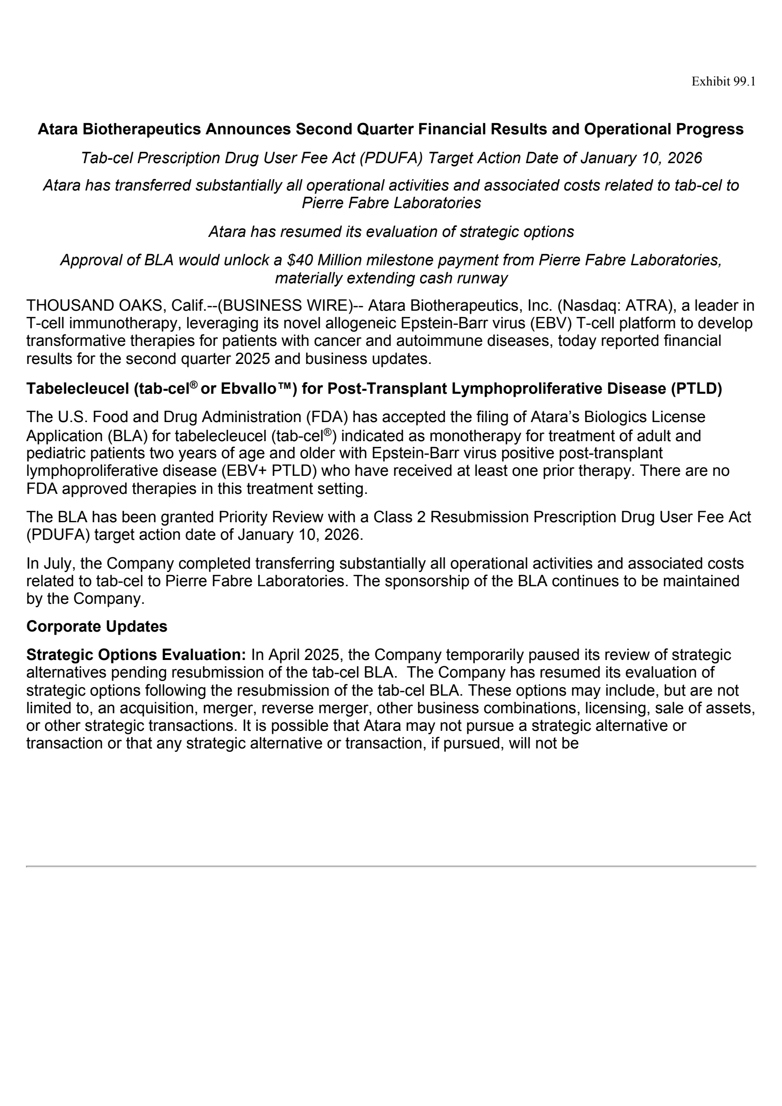Atara Biotherapeutics' Q2 2025 Press Release