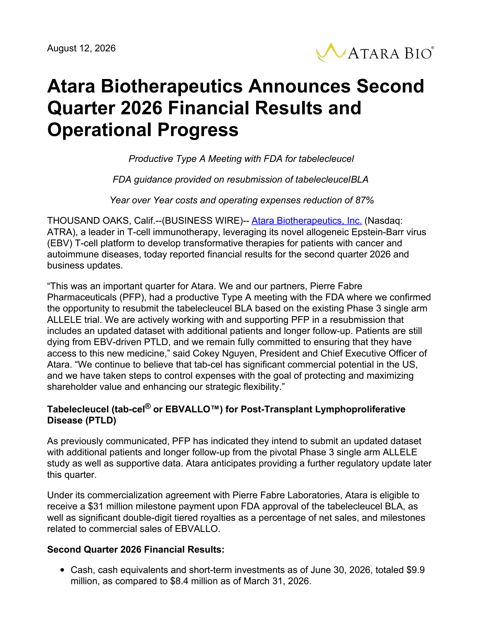 Atara Biotherapeutics' Q2 2026 Press Release