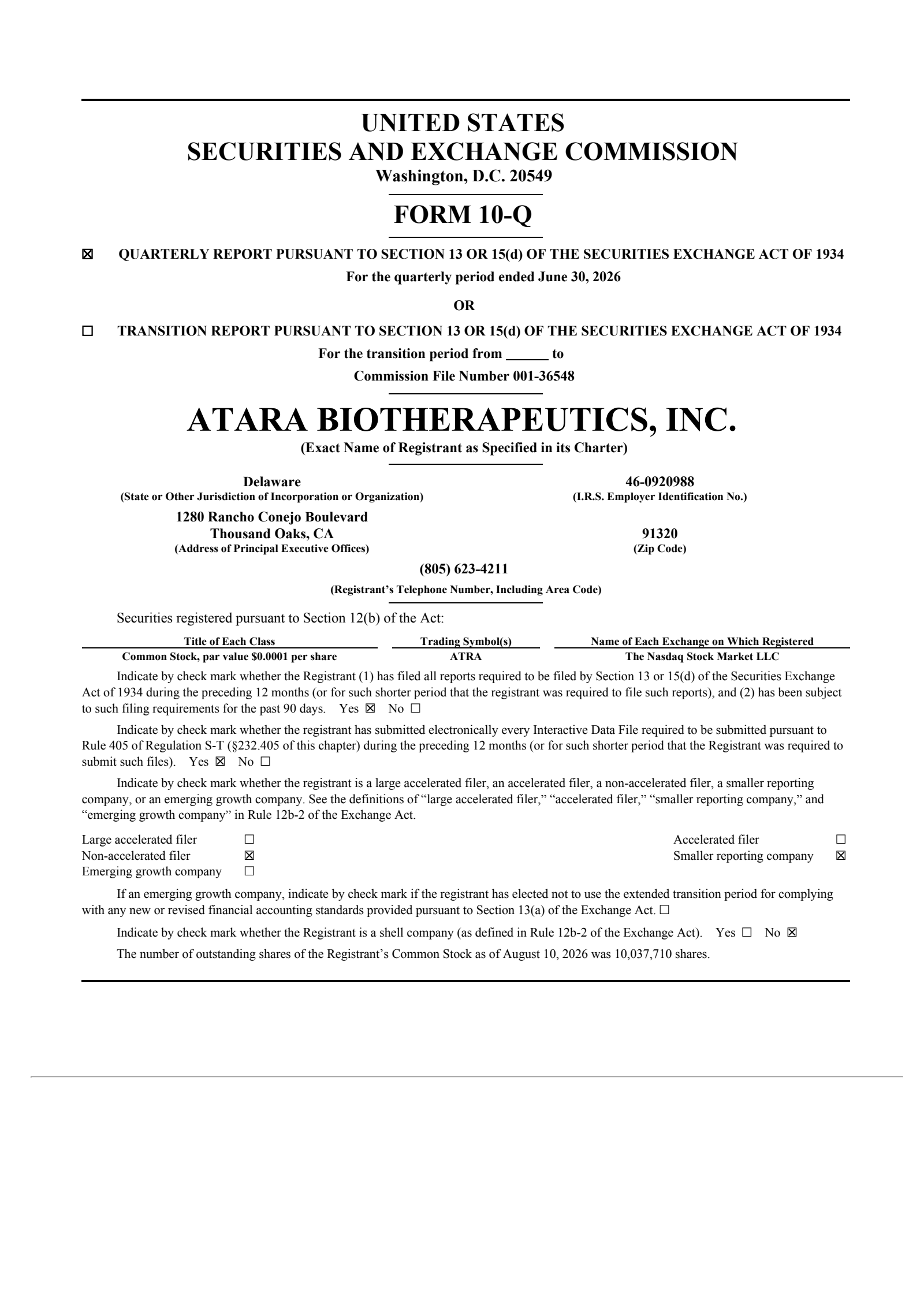 Atara Biotherapeutics' Q2 2026 Quarterly report