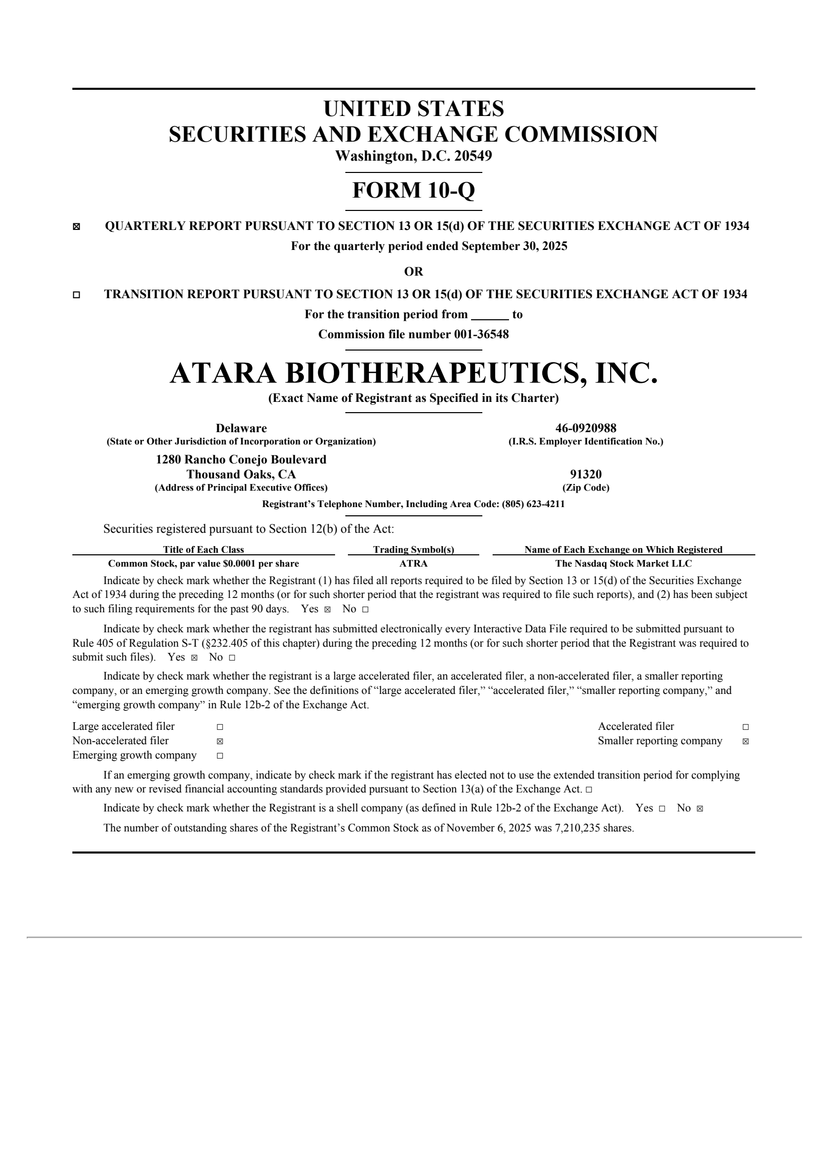 Atara Biotherapeutics' Q3 2025 Quarterly Report