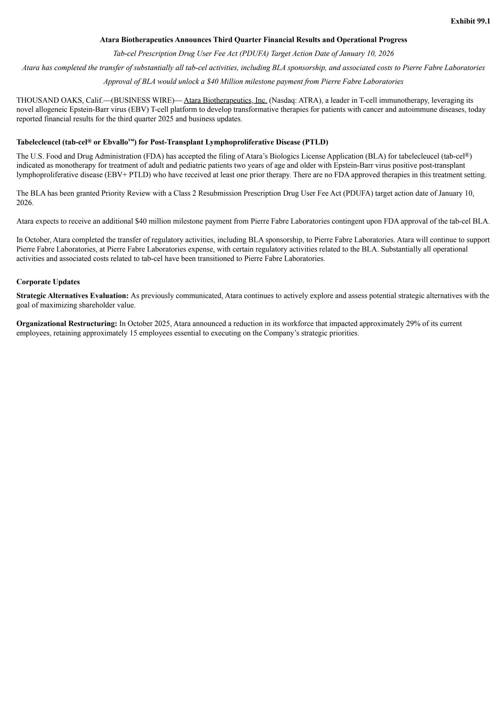 Atara Biotherapeutics' Q3 2025 Earnings Release
