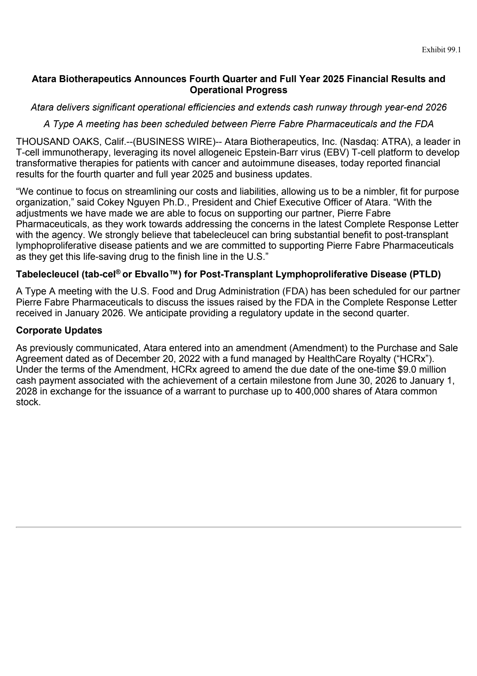 Atara Biotherapeutics' Q4 2025 Press Release