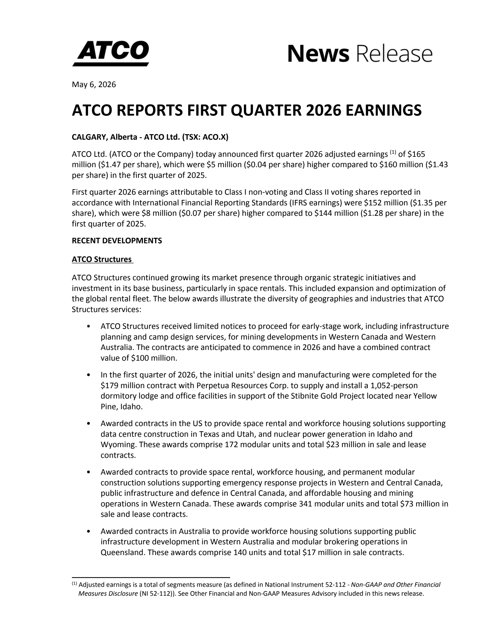 ATCO's Q1 2026 Press Release