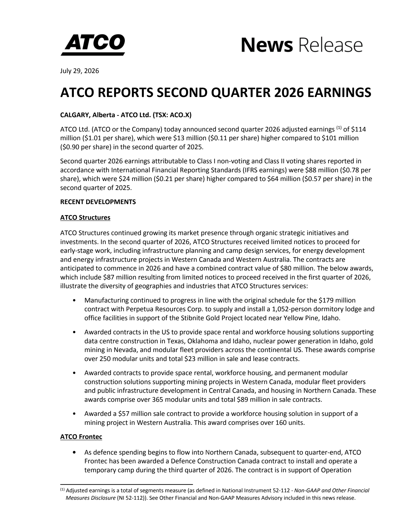 ATCO's Q2 2026 Press Release