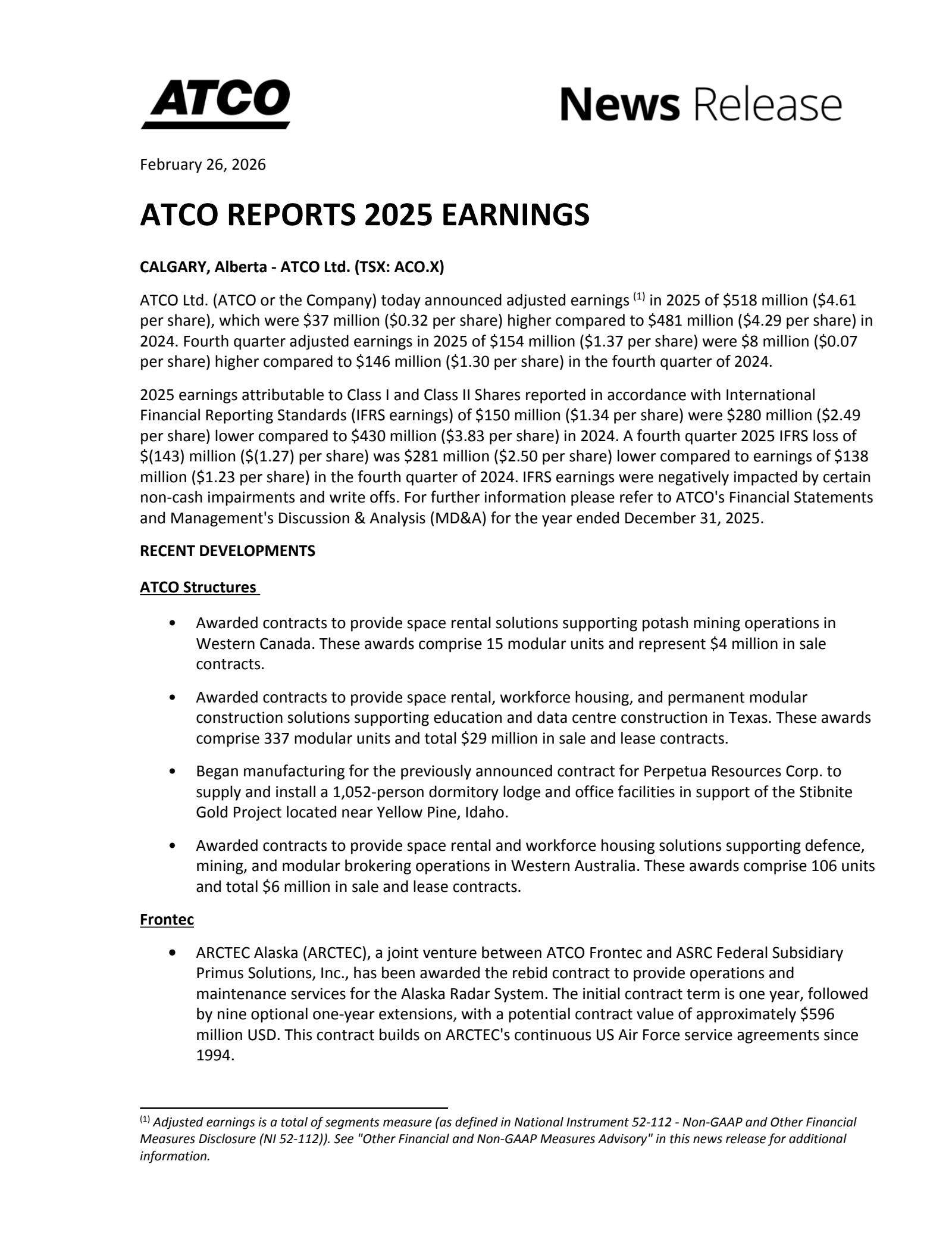 ATCO's Q4 2025 Press Release