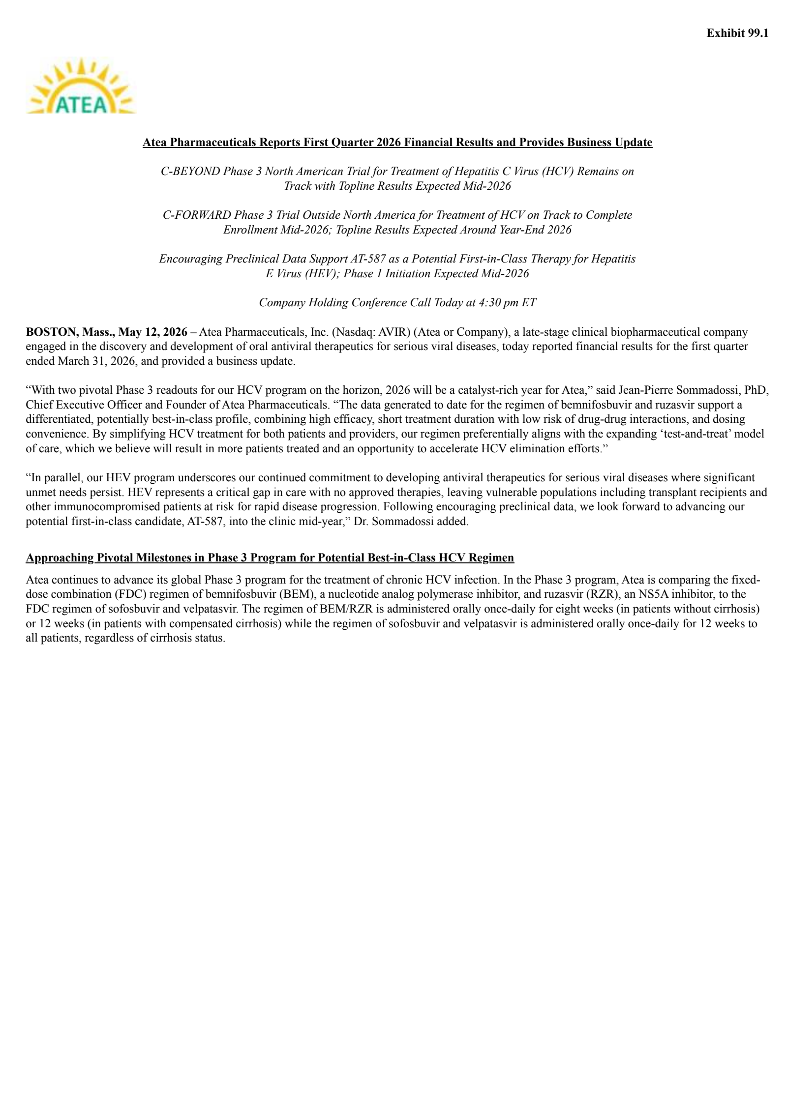 Atea Pharmaceuticals' Q1 2026 Press Release