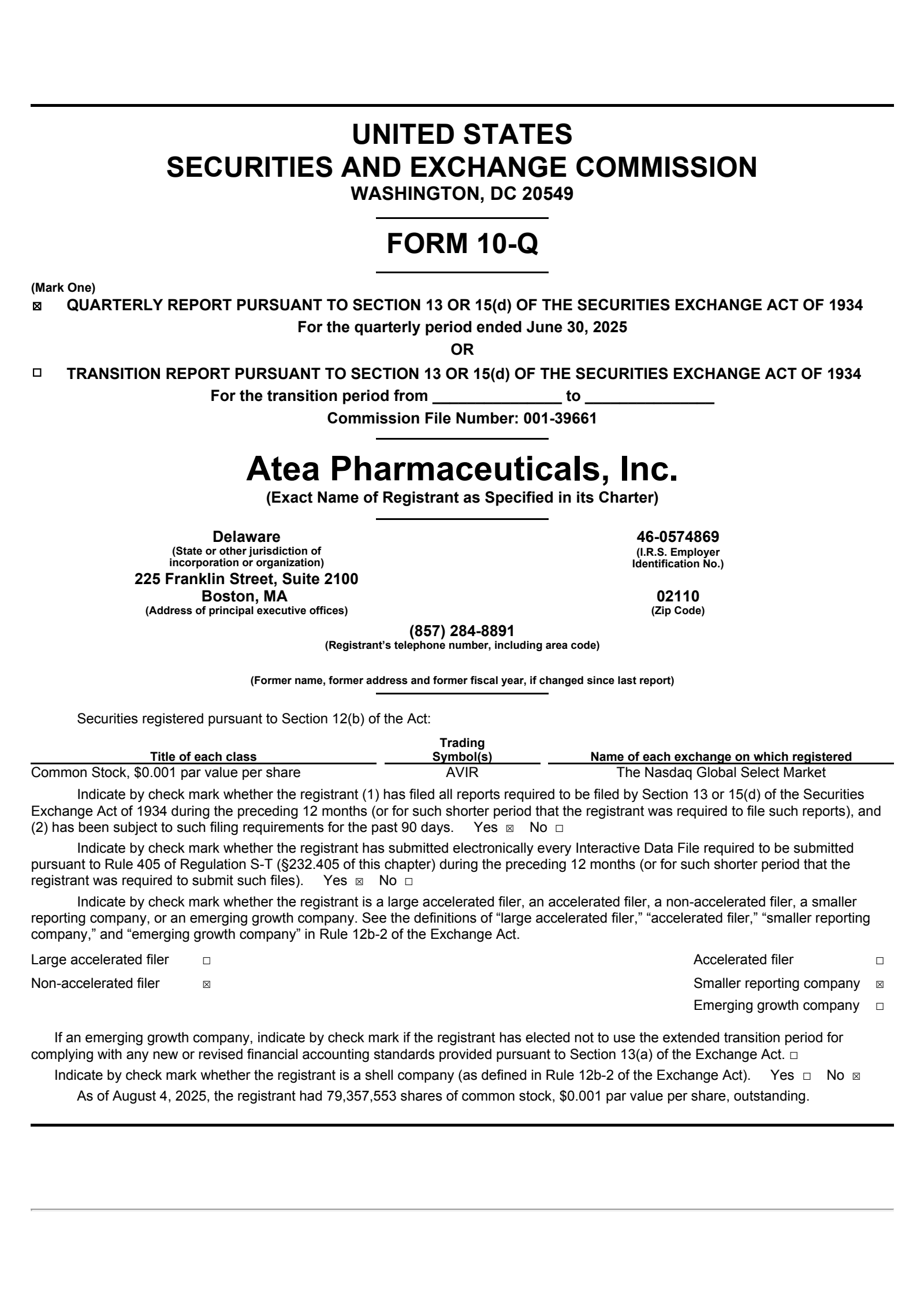 Atea Pharmaceuticals' Q2 2025 Quarterly report