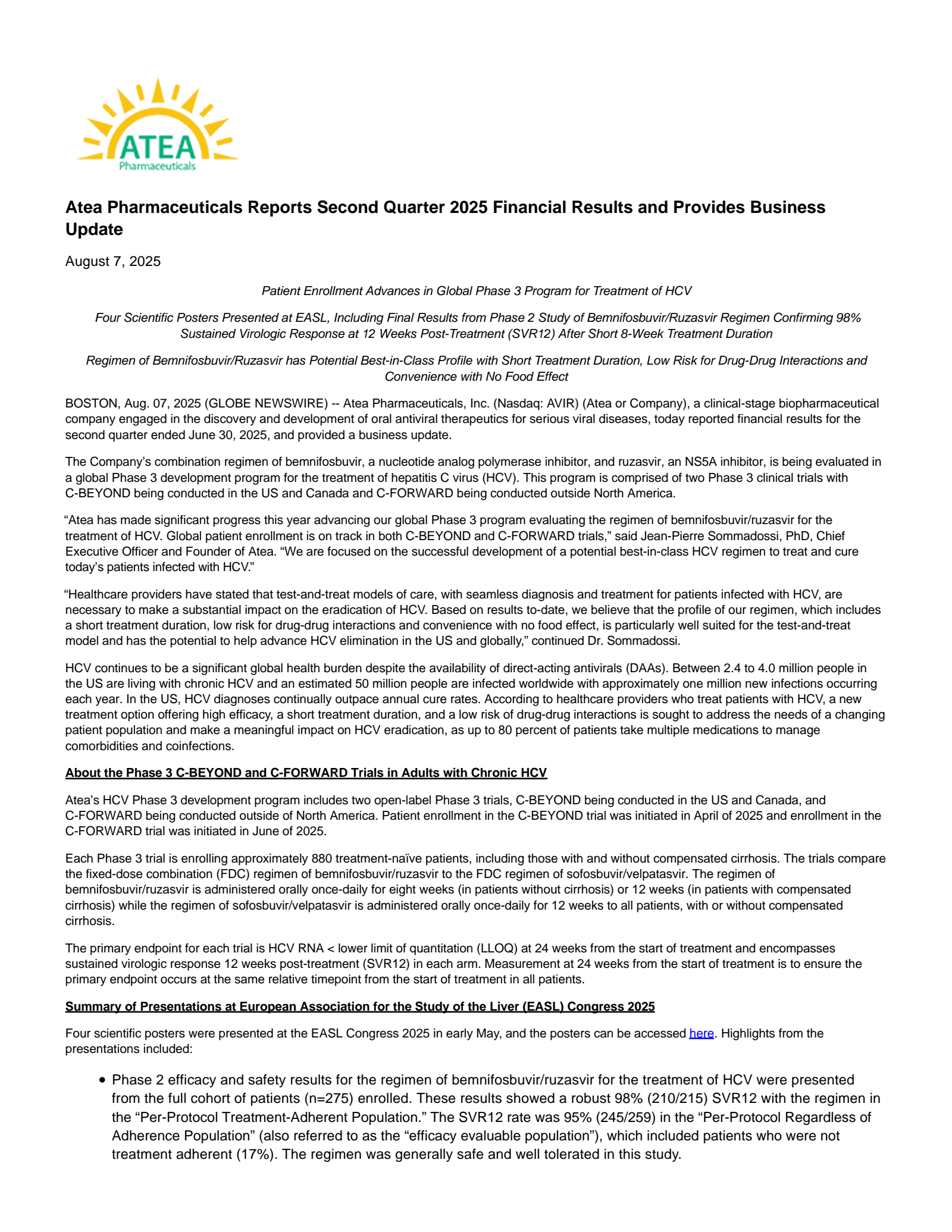 Atea Pharmaceuticals' Q2 2025 Press Release