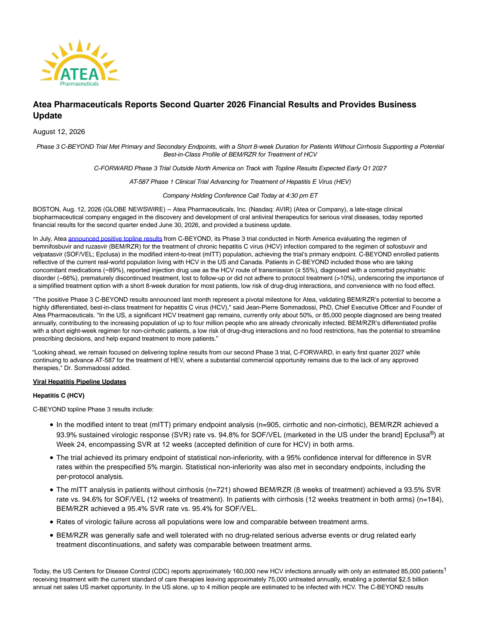 Atea Pharmaceuticals' Q2 2026 Press Release