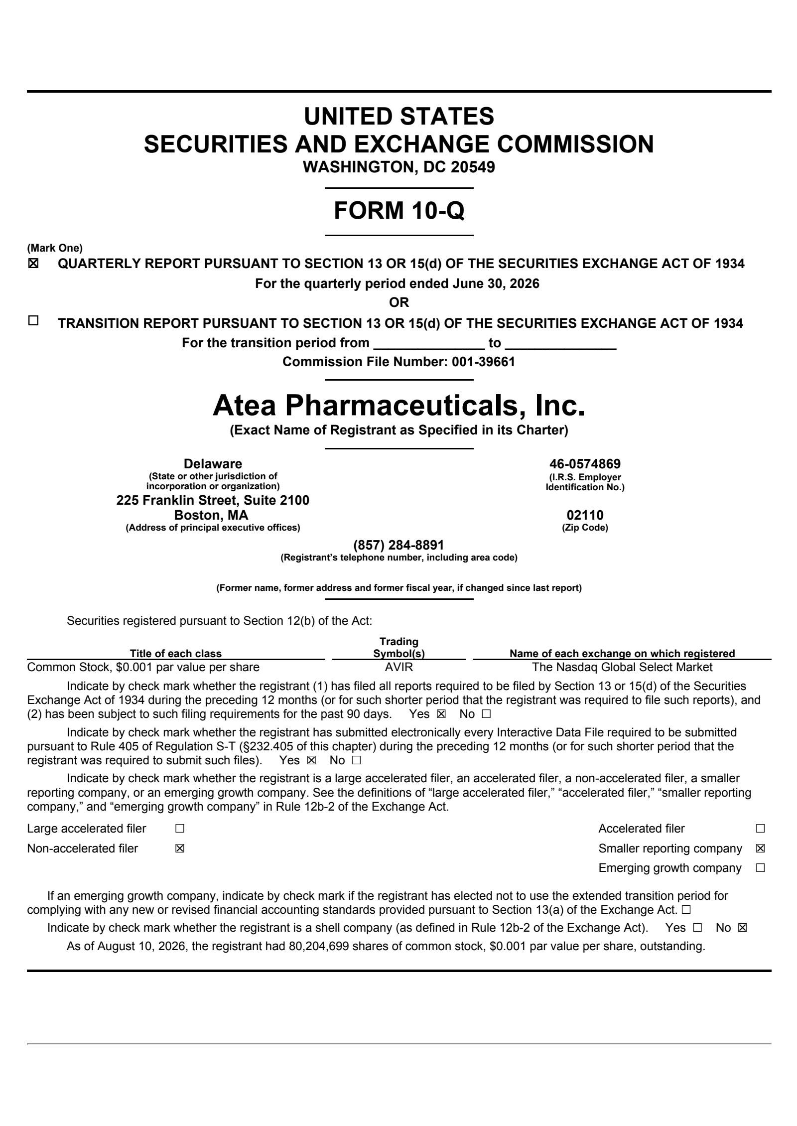 Atea Pharmaceuticals' Q2 2026 Quarterly report
