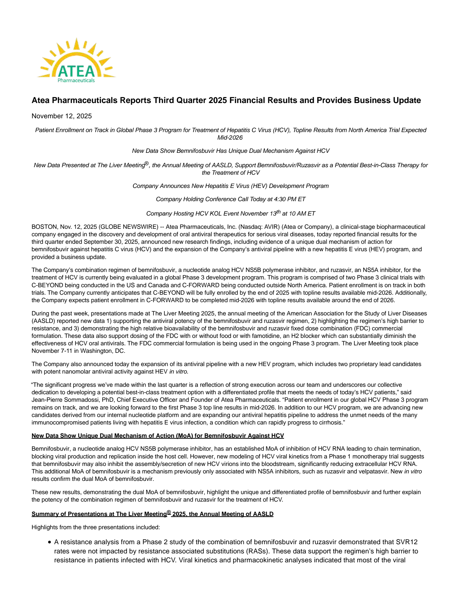 Atea Pharmaceuticals' Q3 2025 Earnings Release