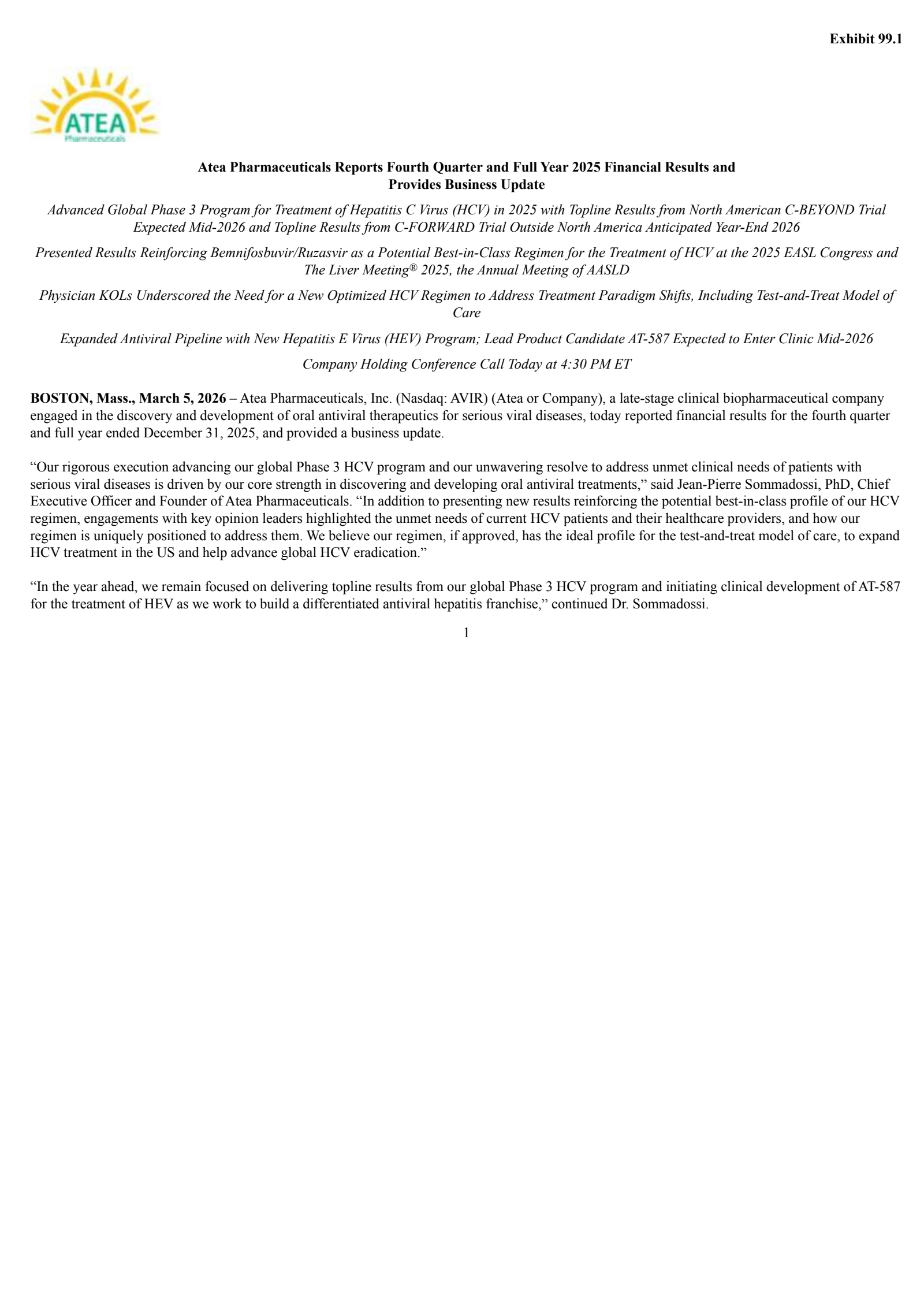 Atea Pharmaceuticals' Q4 2025 Press Release