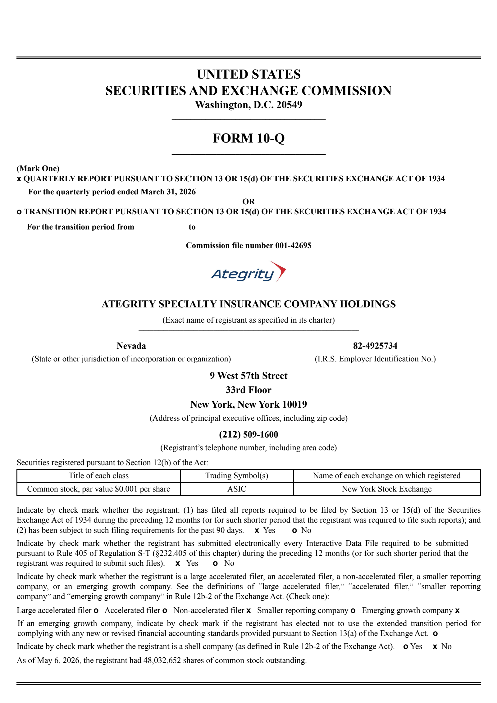 Ategrity Specialty's Q1 2026 Quarterly report