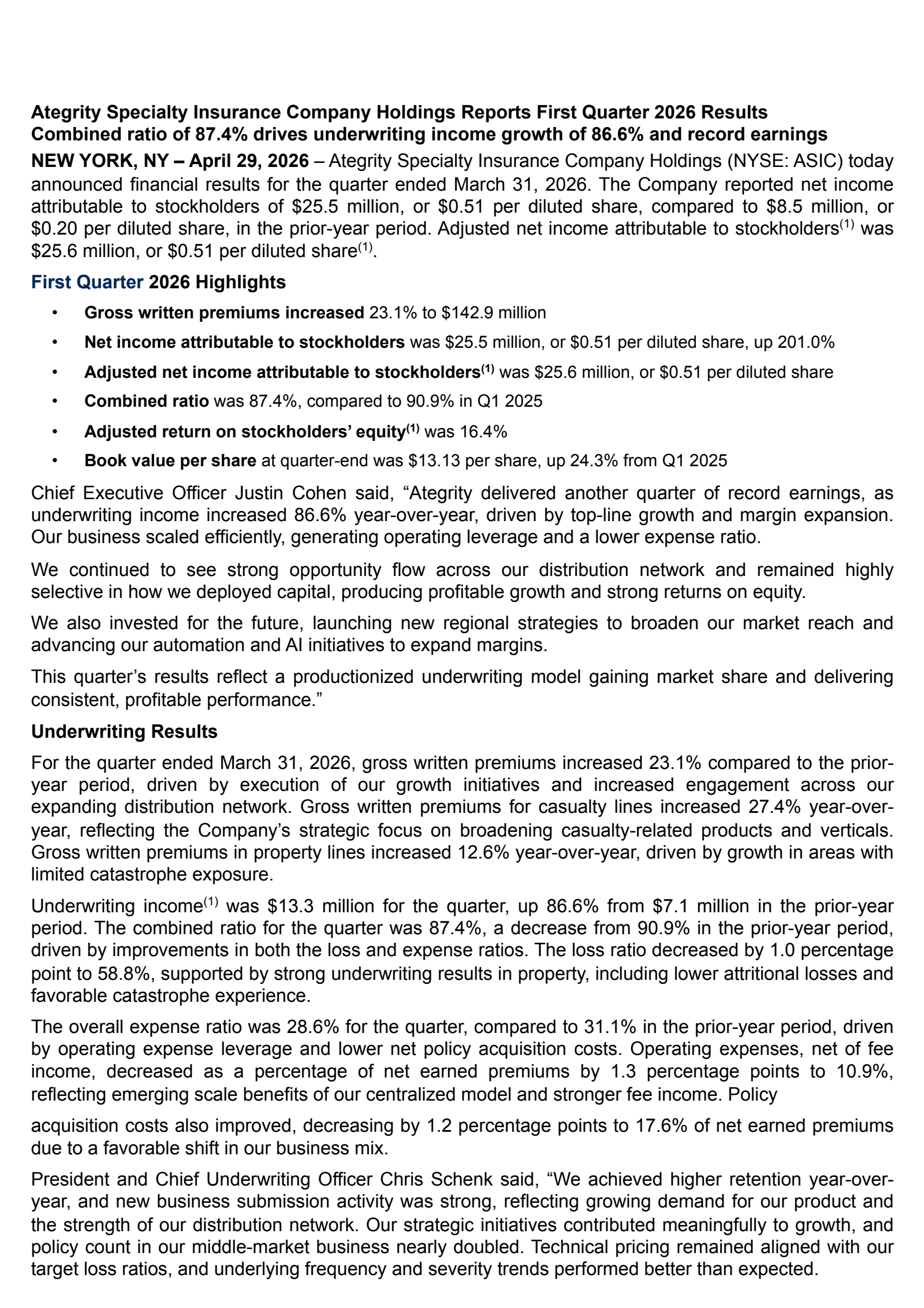 Ategrity Specialty's Q1 2026 Press Release
