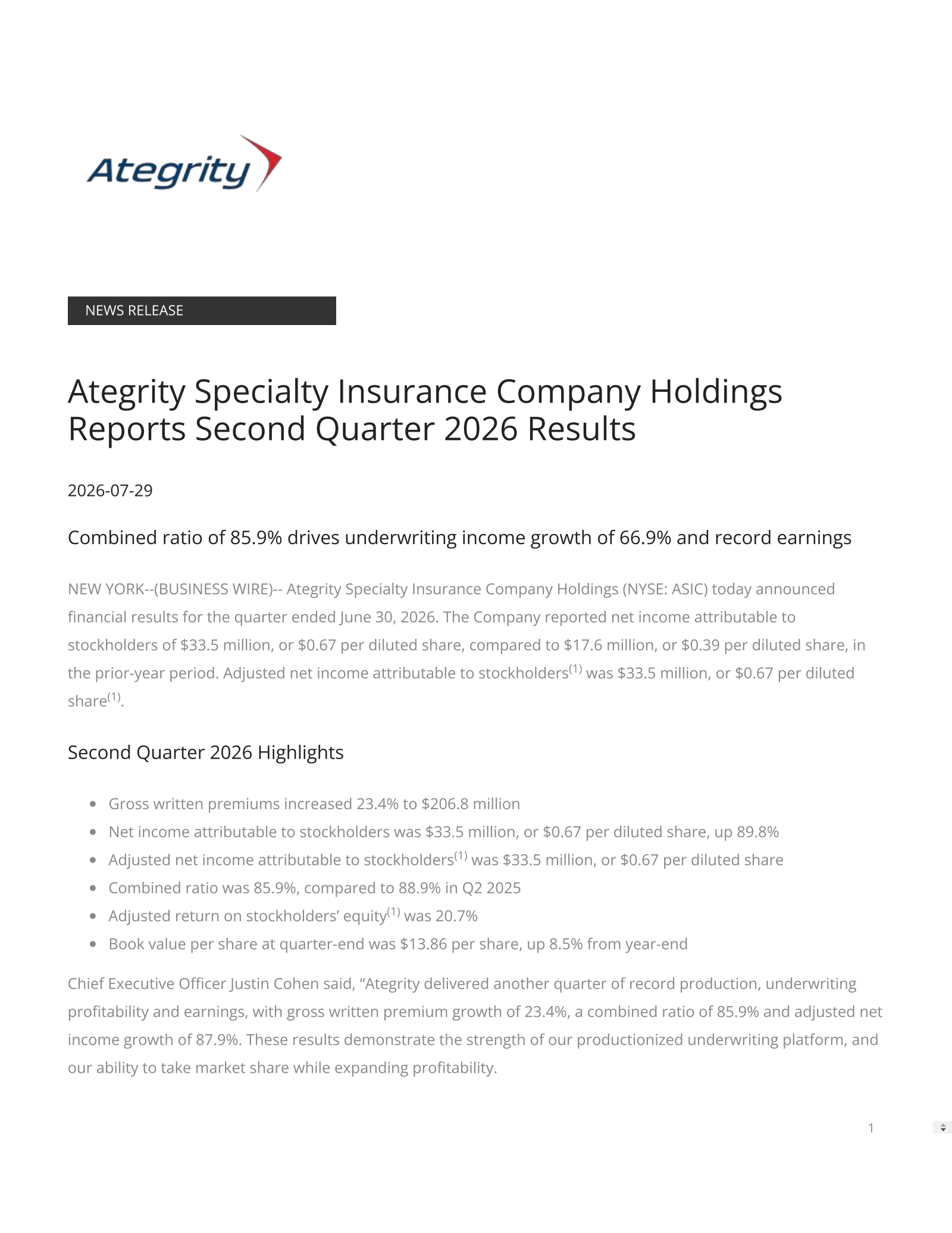 Ategrity Specialty's Q2 2026 Press Release