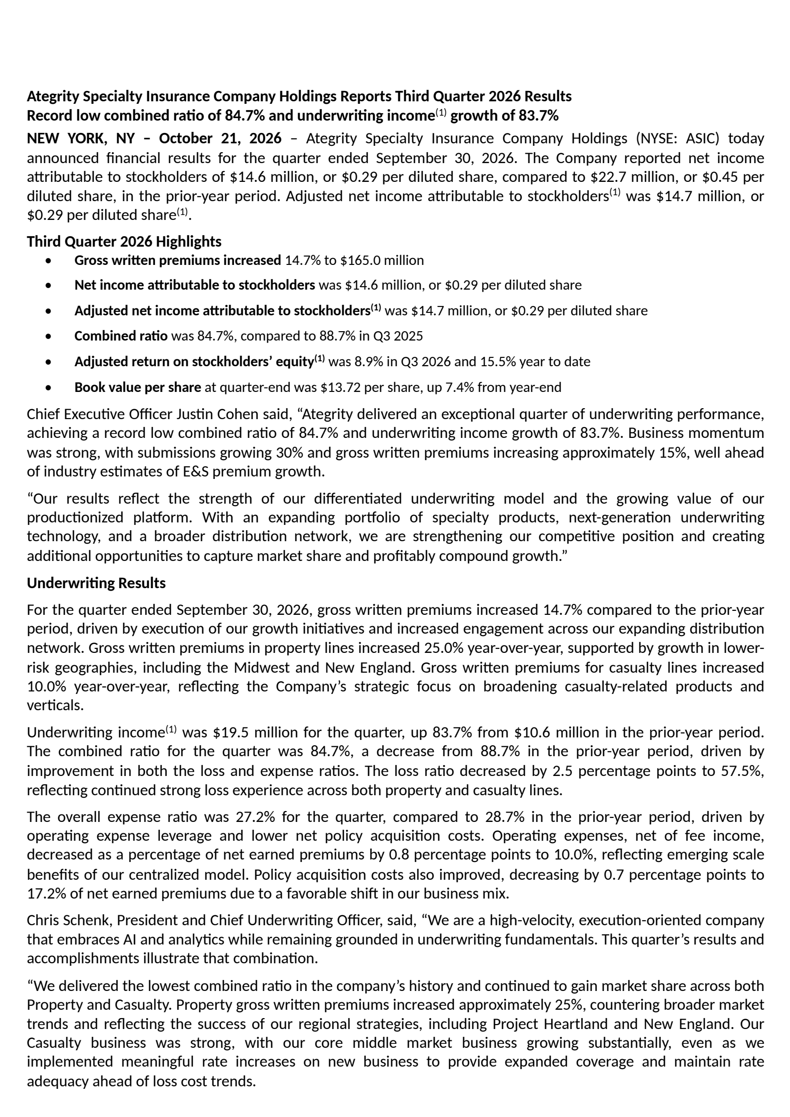 Ategrity Specialty's Q3 2026 Press Release