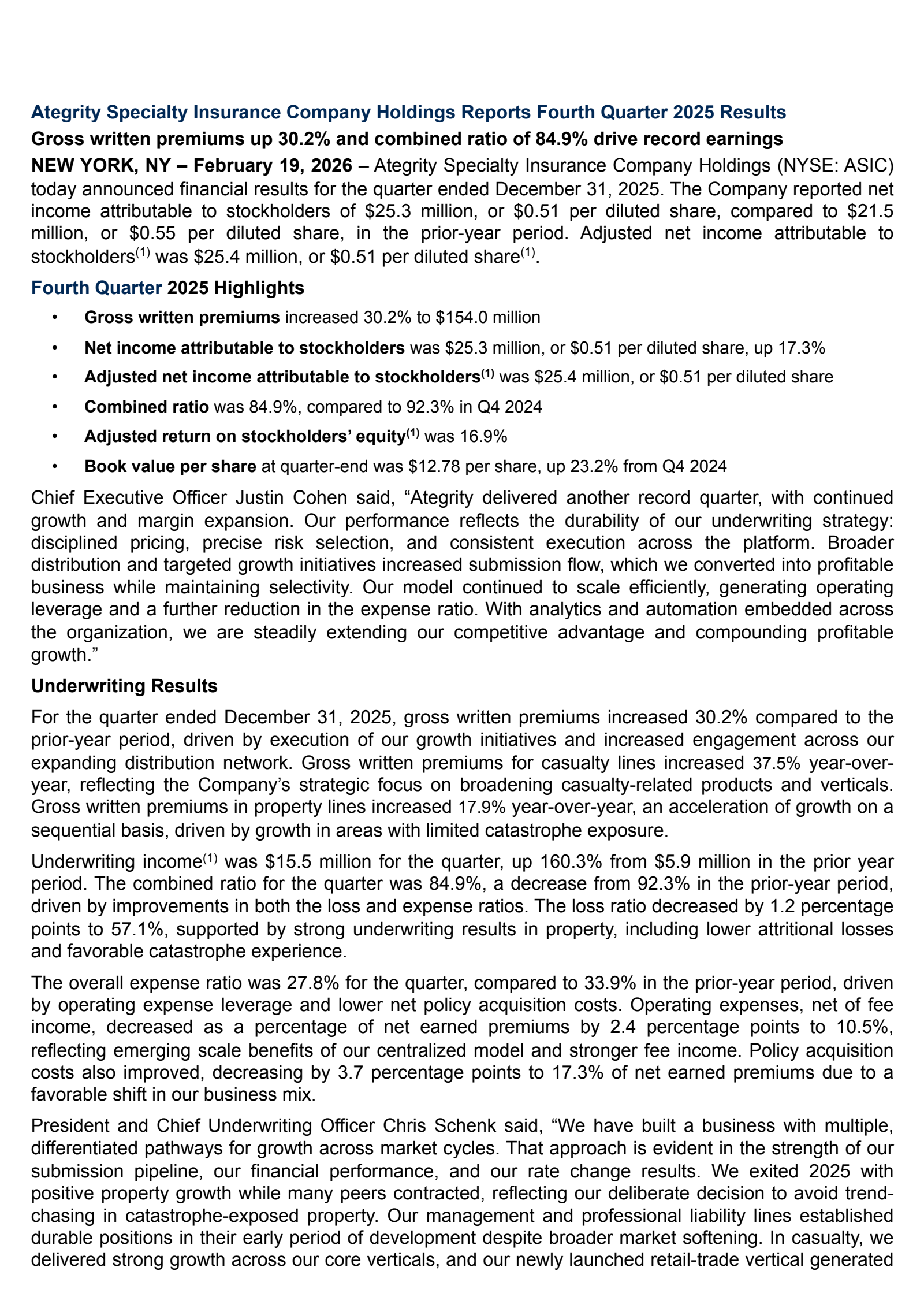 Ategrity Specialty's Q4 2025 Press Release