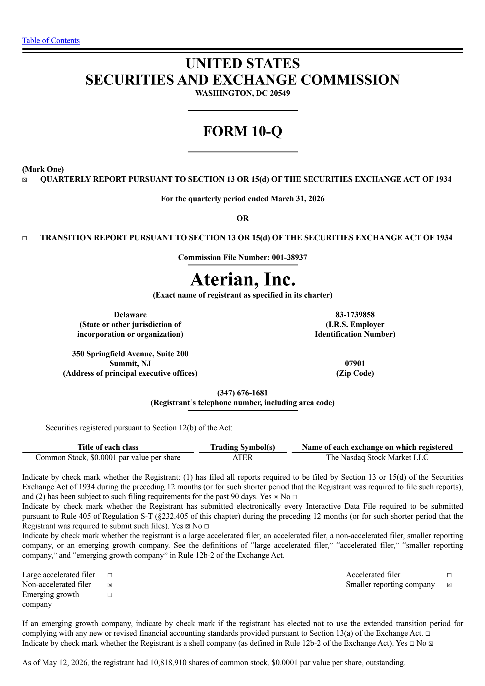 Aterian's Q1 2026 Quarterly report