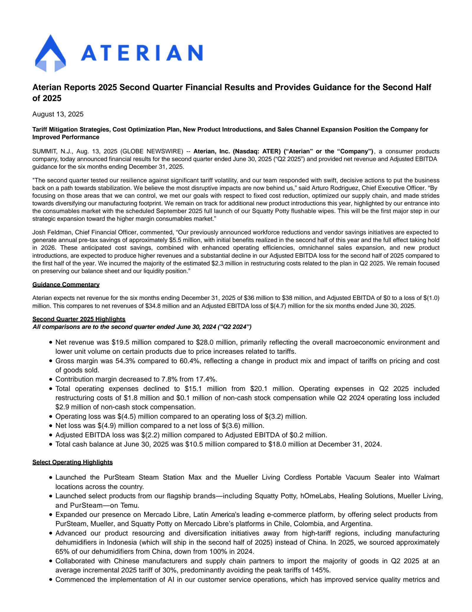 Aterian's Q2 2025 Press Release