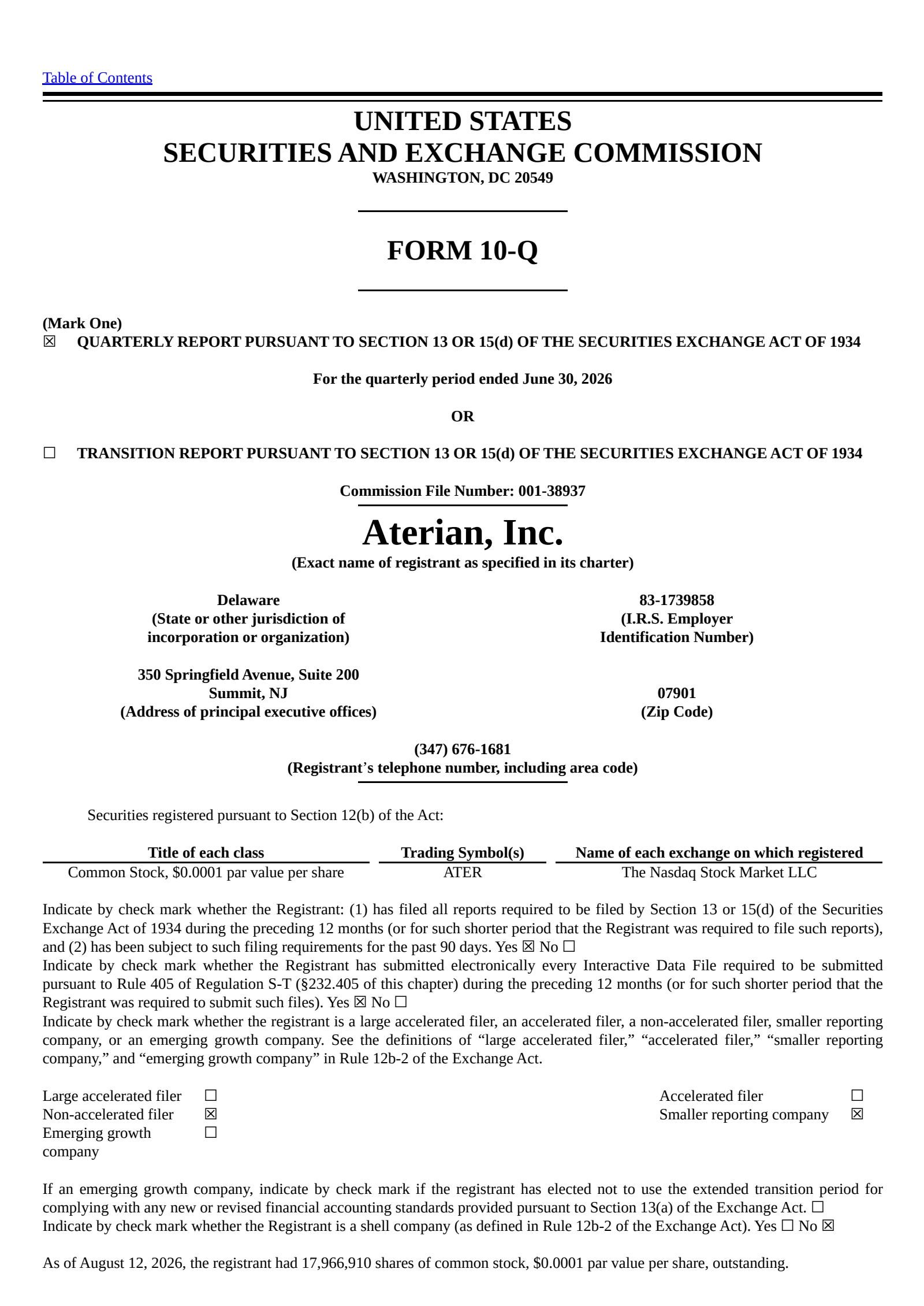 Aterian's Q2 2026 Quarterly report