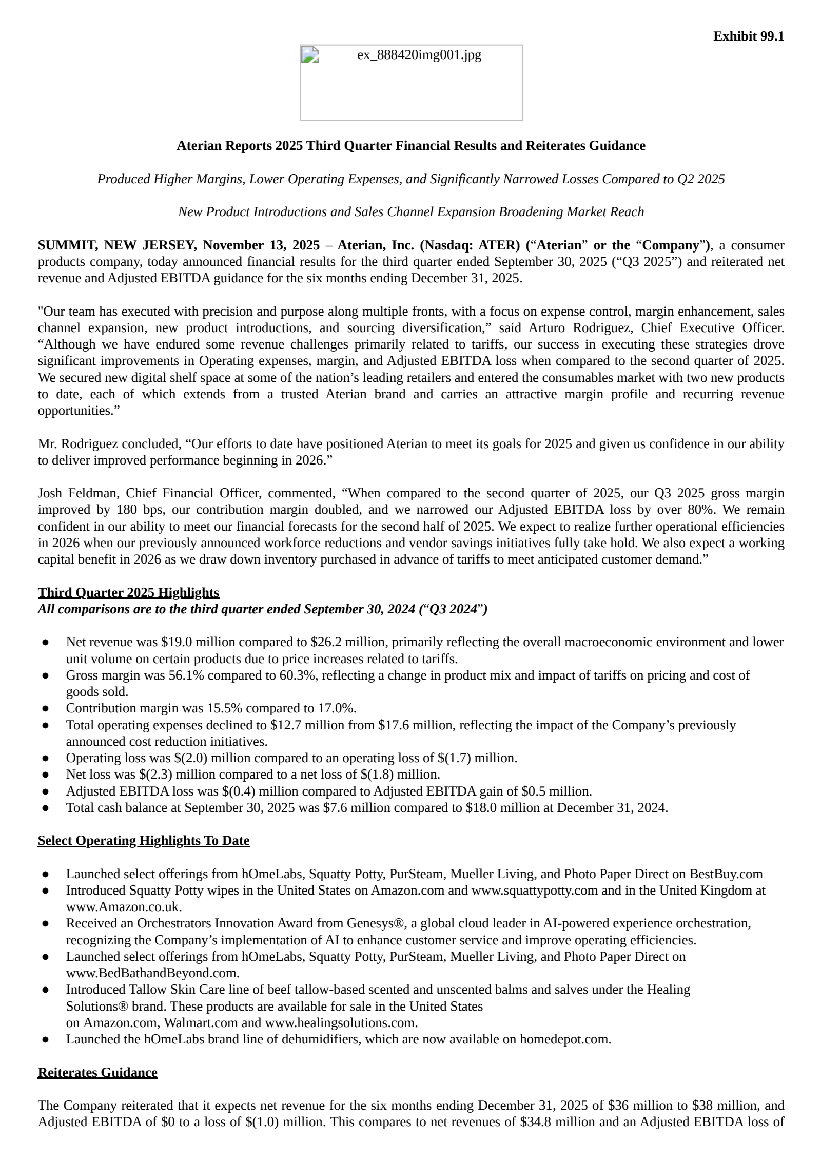 Aterian's Q3 2025 Earnings Release