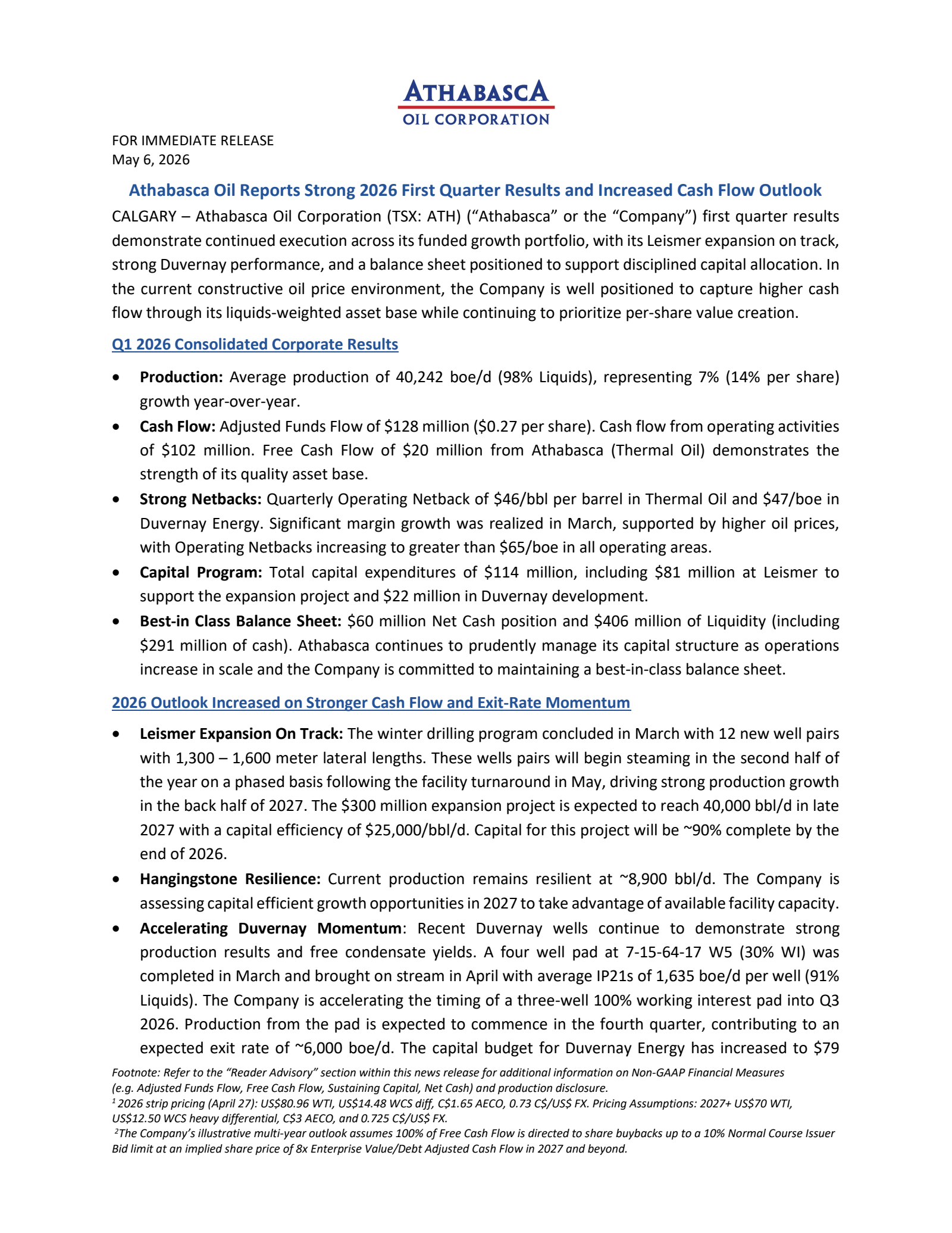 Athabasca Oil's Q1 2026 Press Release